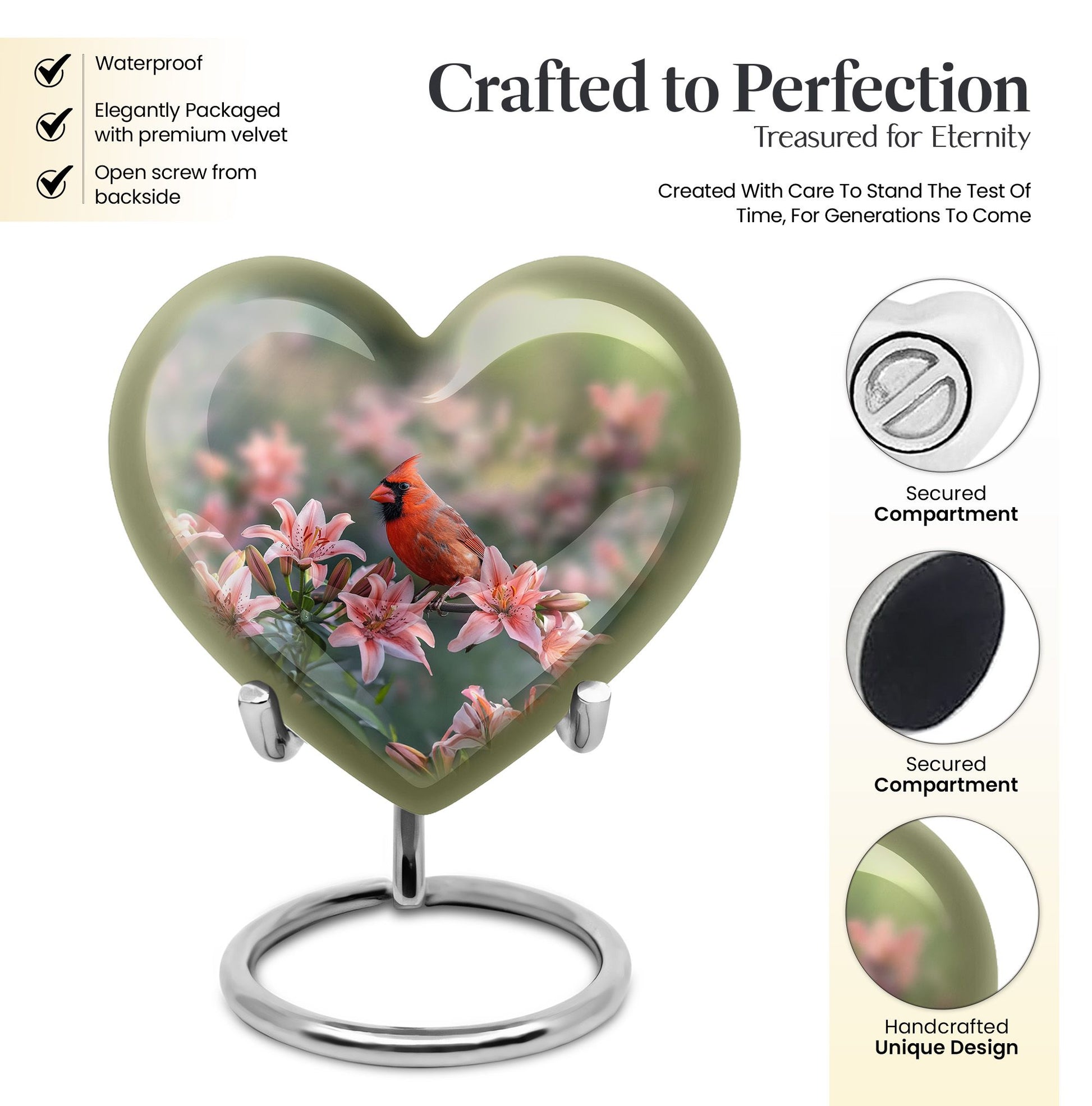 heart designed Cardinal Bird Urn for adult human ashes