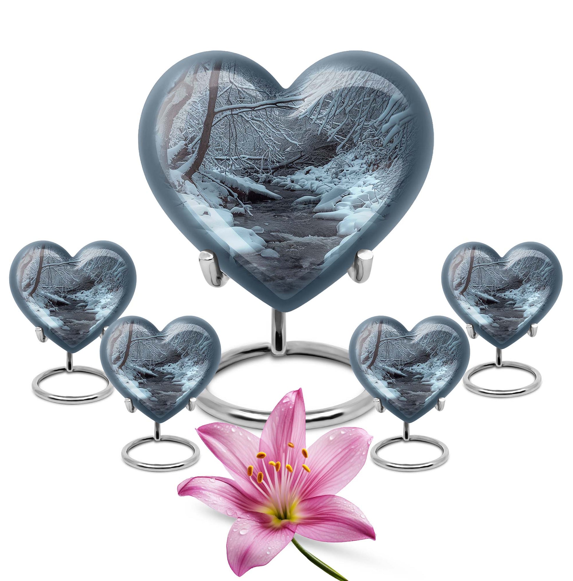 Mountains Urn, a heart-shaped 10 inch aluminium funeral urn