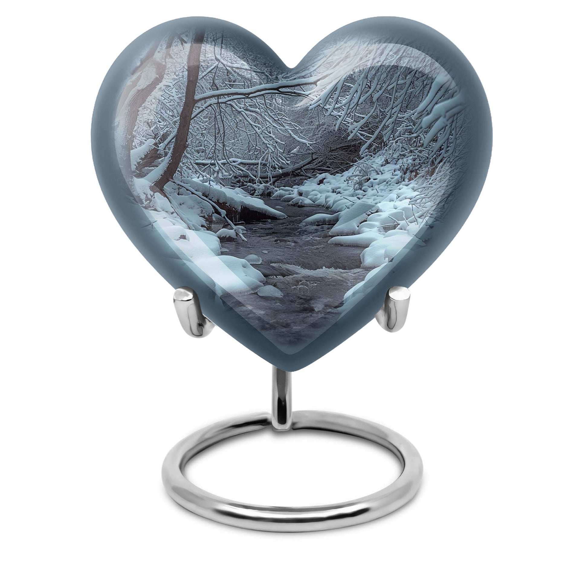 Mountains Urn, a heart-shaped 10 inch aluminium funeral urn