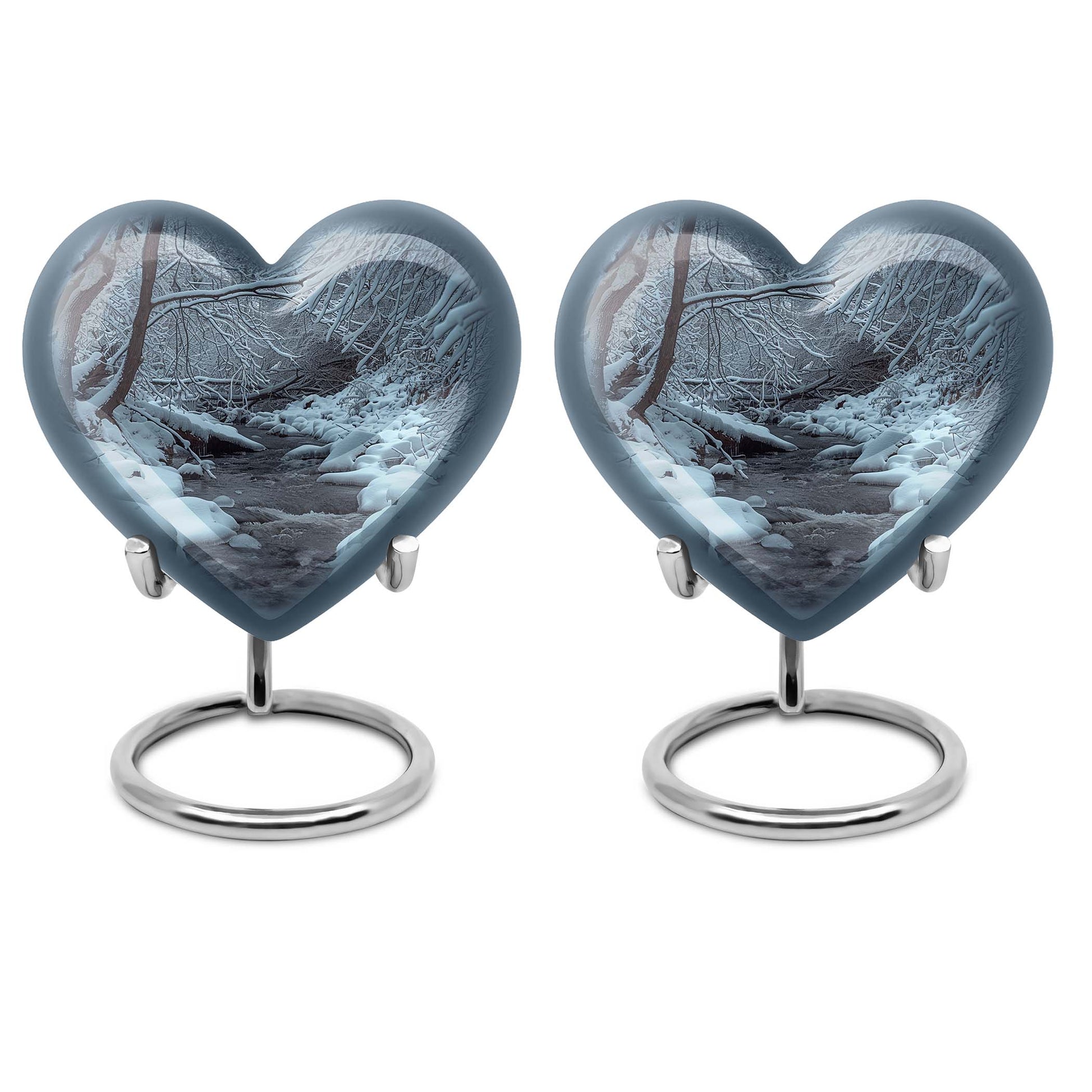 Mountains Urn, a heart-shaped 10 inch aluminium funeral urn