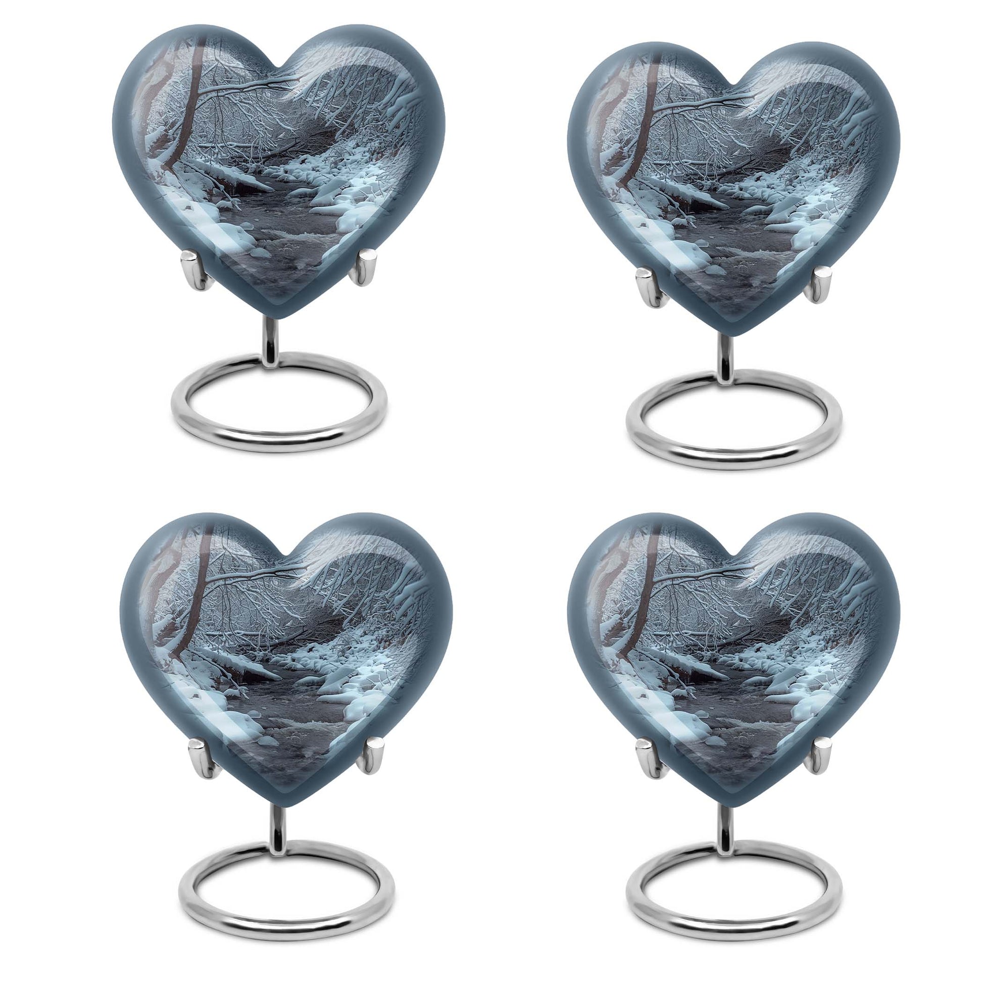 Mountains Urn, a heart-shaped 10 inch aluminium funeral urn