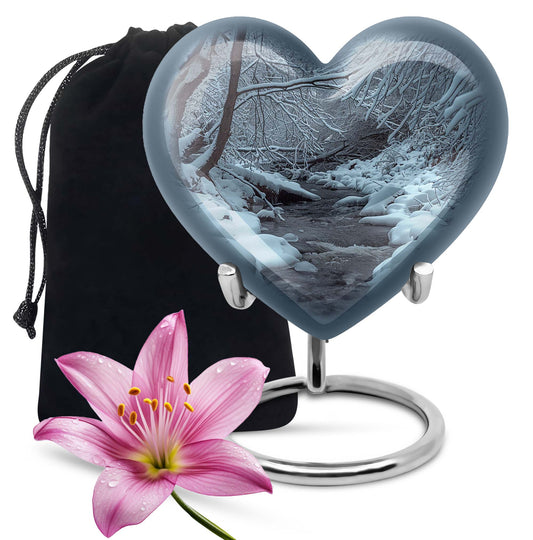 Mountains Urn, a heart-shaped 10 inch aluminium funeral urn