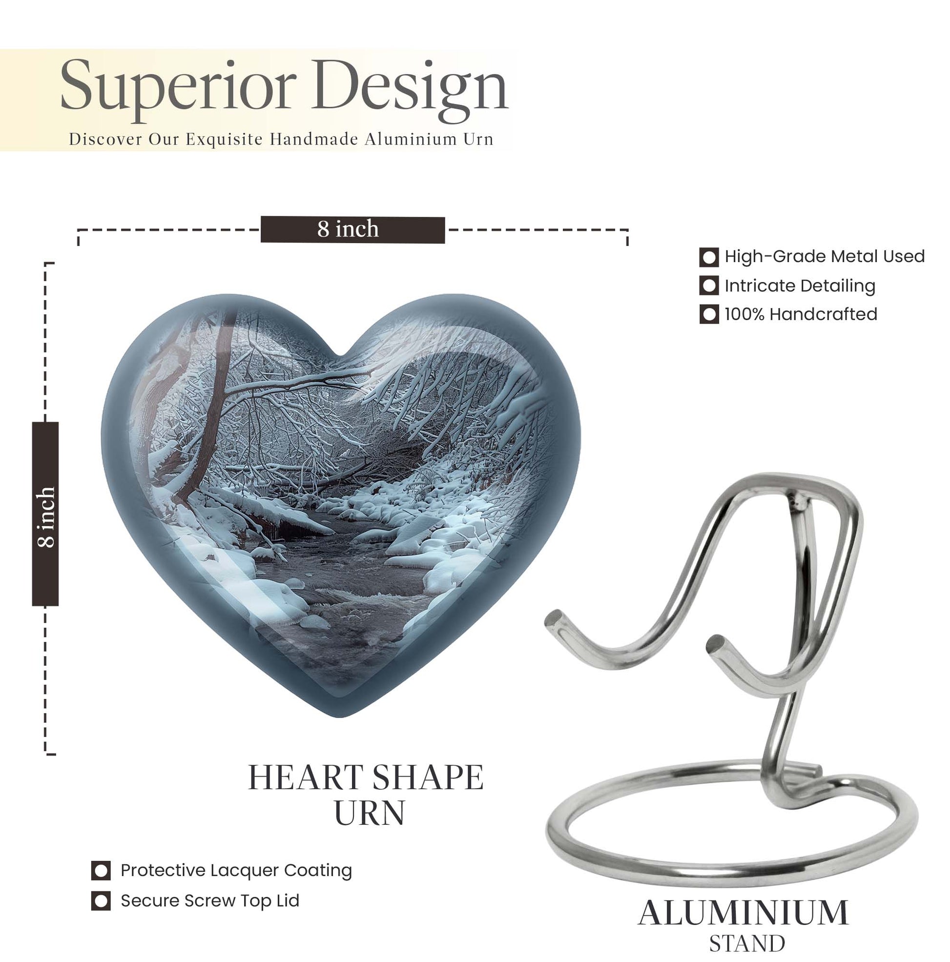 Mountains Urn, a heart-shaped 10 inch aluminium funeral urn