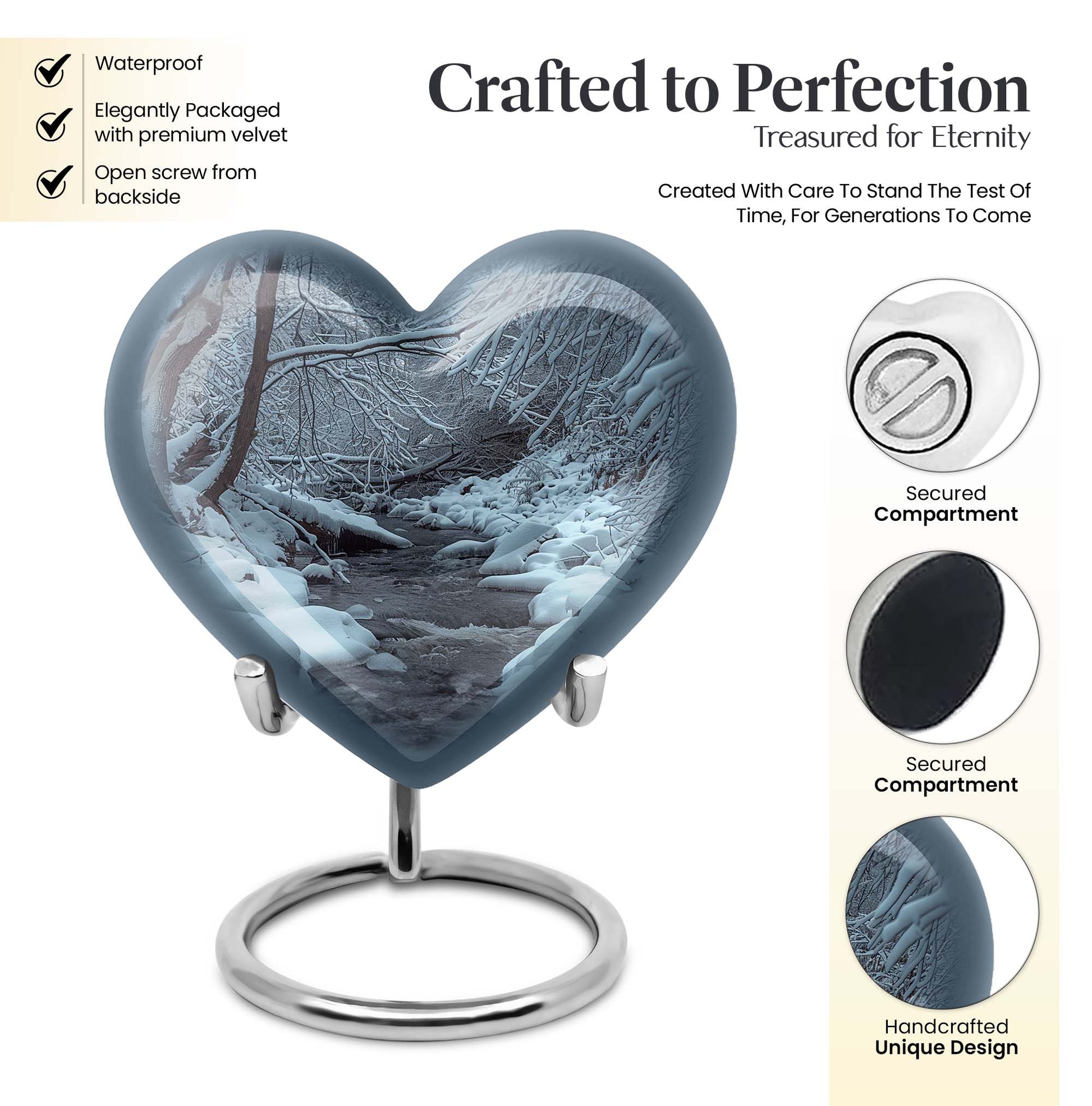 Mountains Urn, a heart-shaped 10 inch aluminium funeral urn