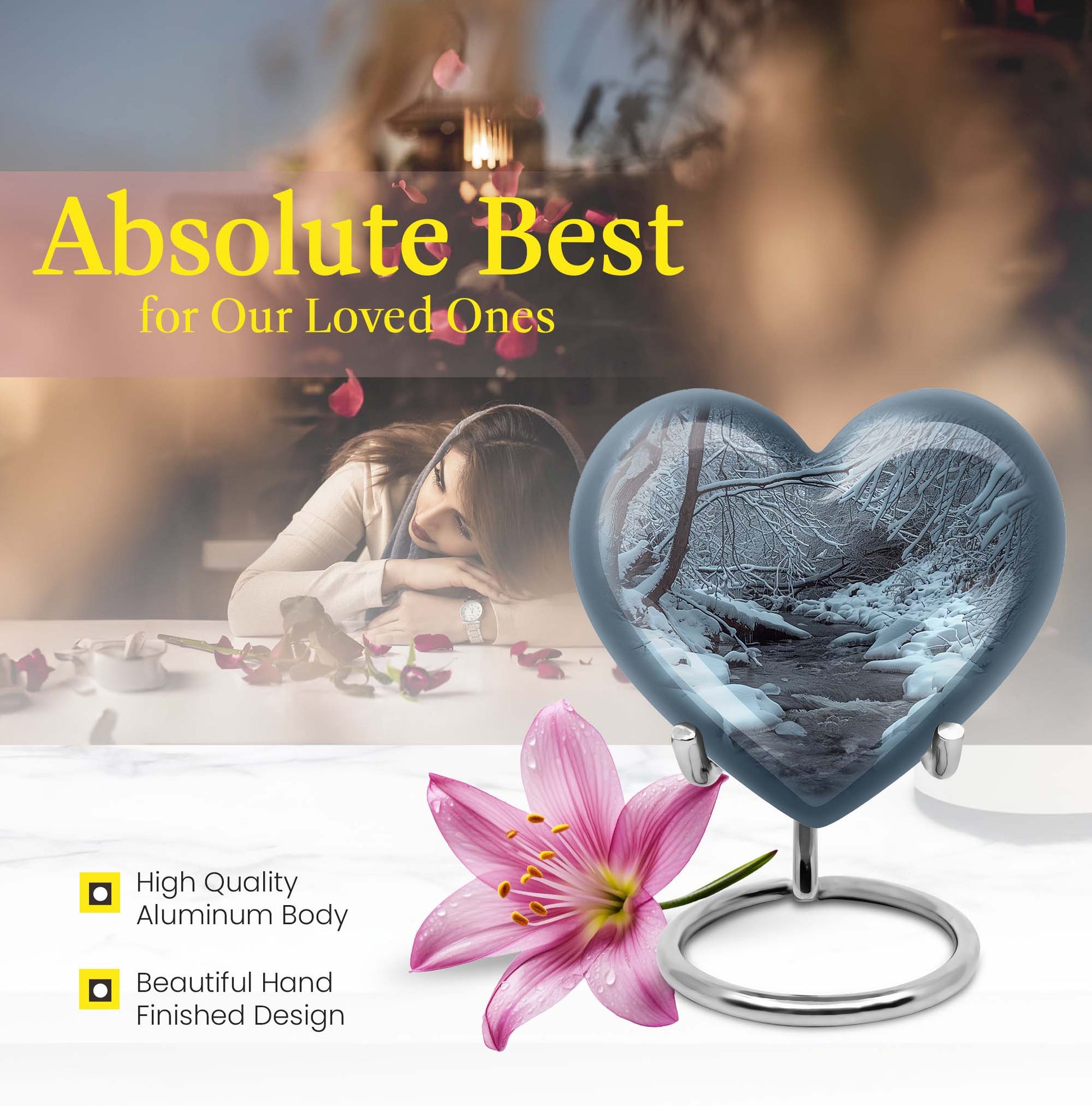 Mountains Urn, a heart-shaped 10 inch aluminium funeral urn