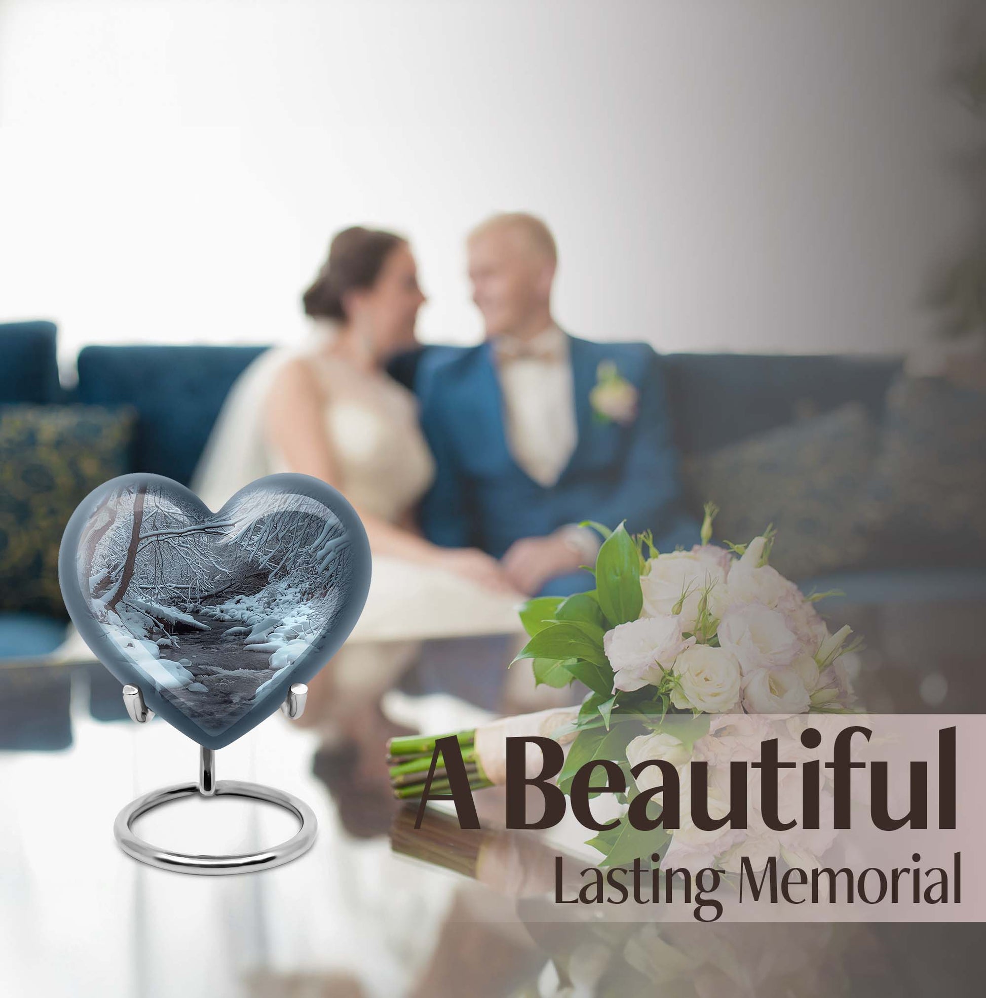 Mountains Urn, a heart-shaped 10 inch aluminium funeral urn