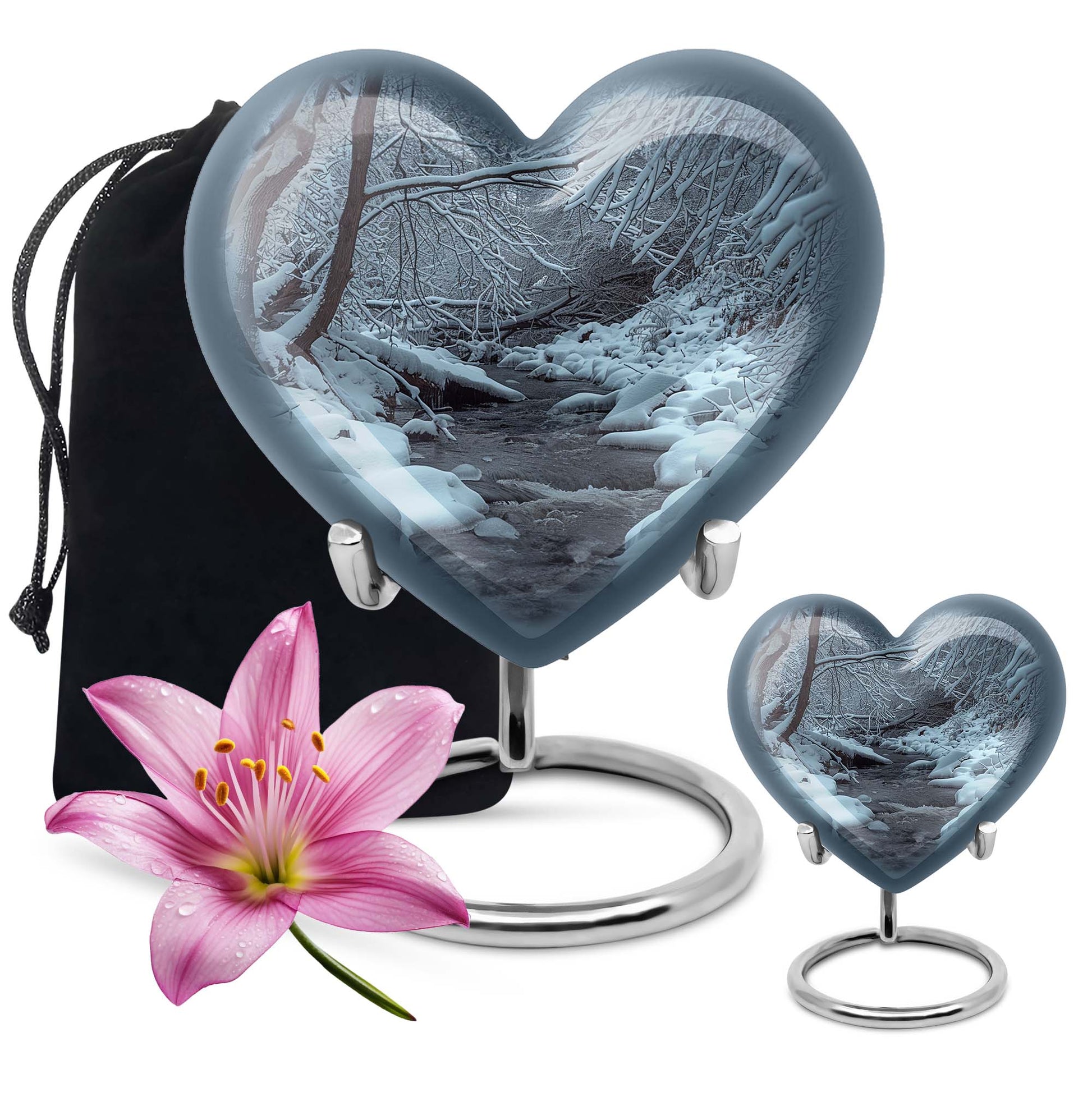 Mountains Urn, a heart-shaped 10 inch aluminium funeral urn