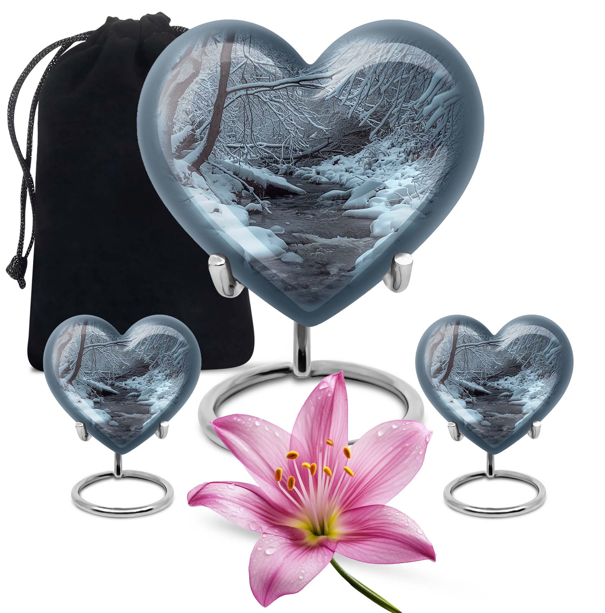 Mountains Urn, a heart-shaped 10 inch aluminium funeral urn