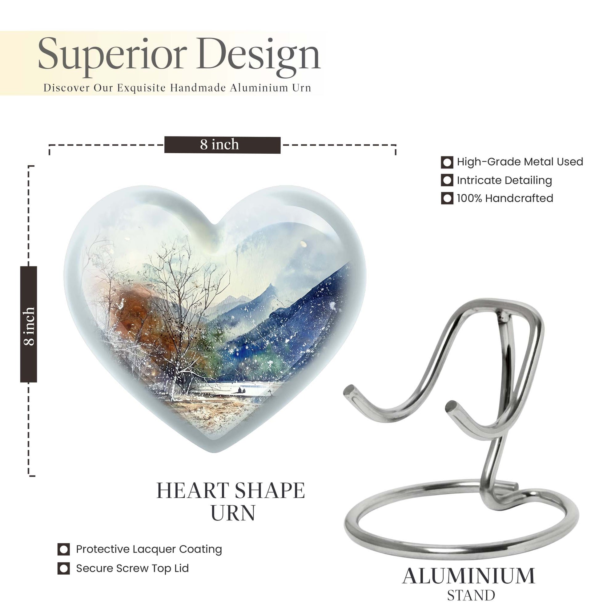 10-inch Mountains Urn, heart-shaped cremation 