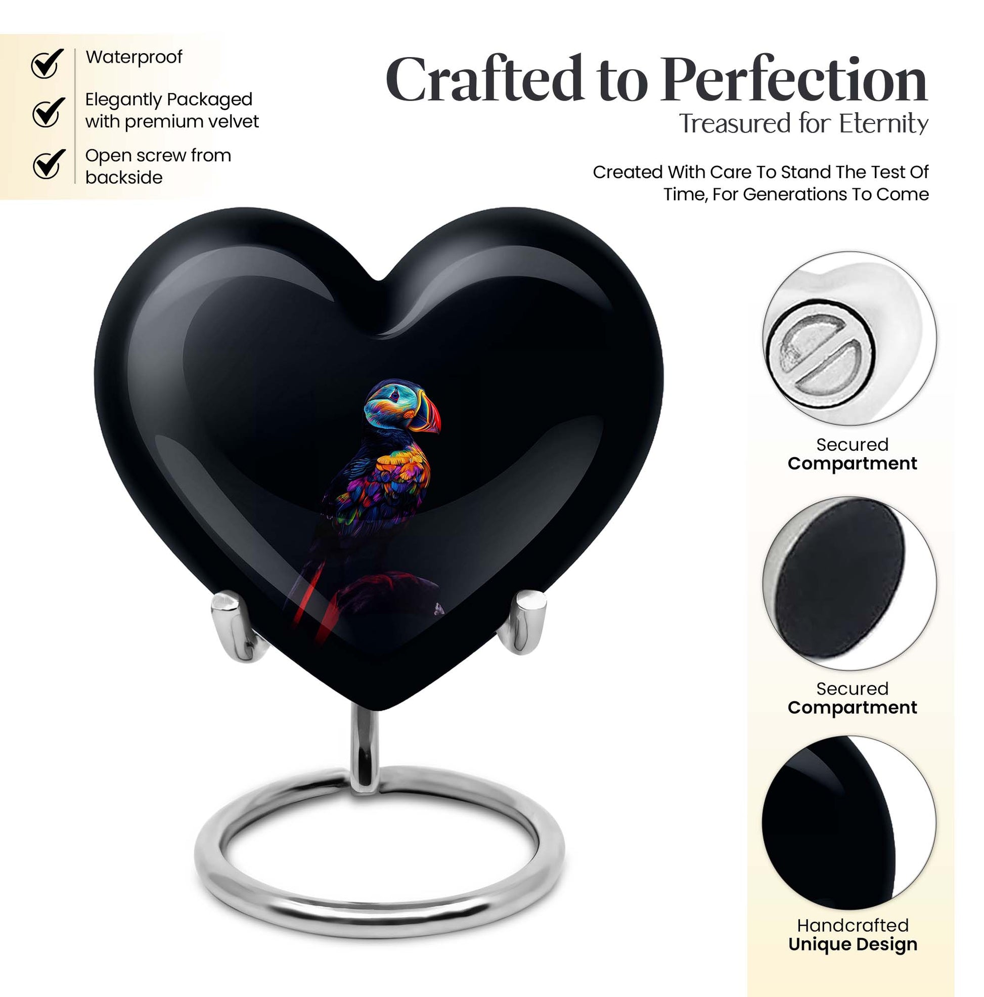 heart shaped Puffin bird Urn