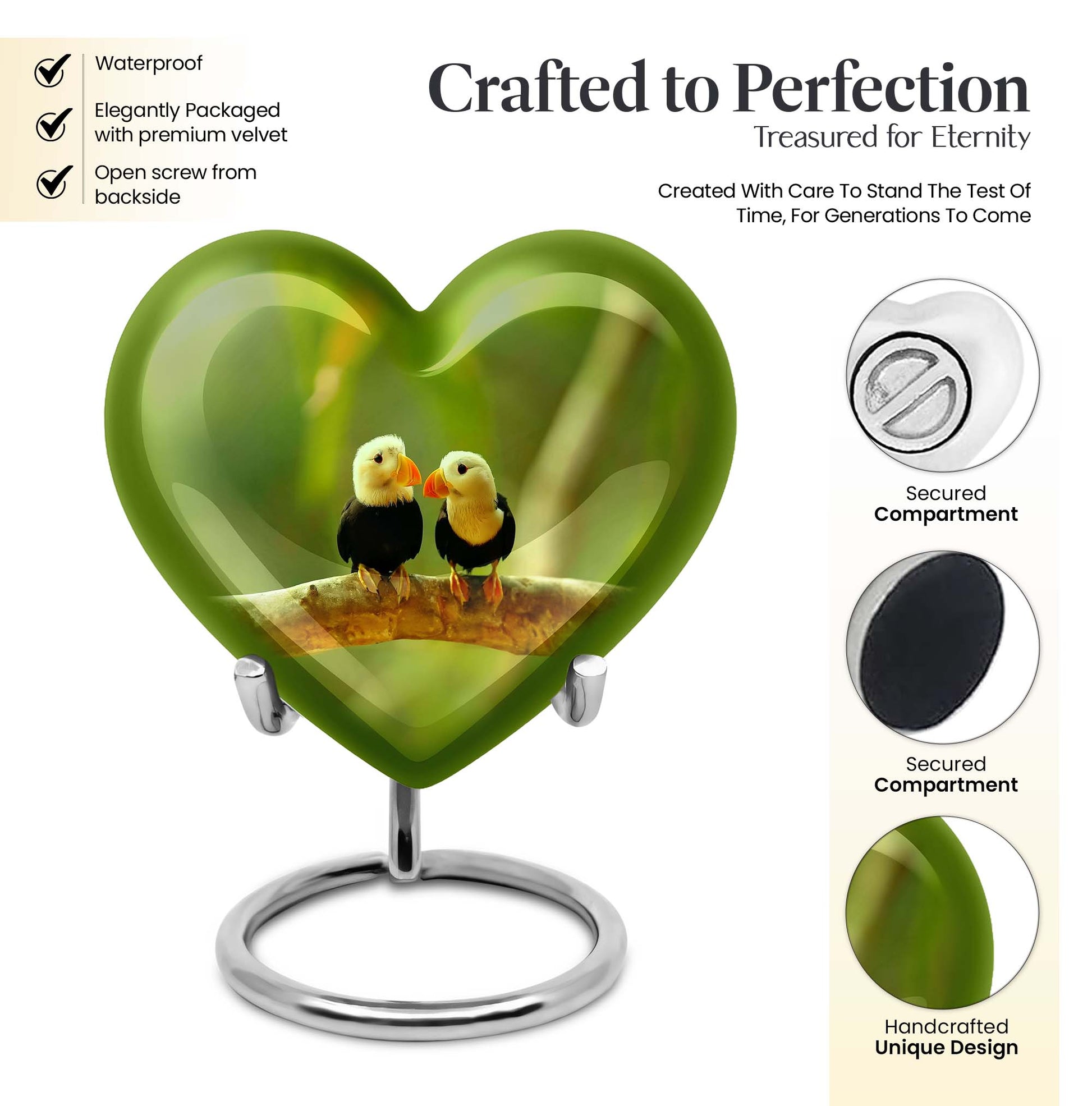 heart-shaped Puffin bird urn for human ashes