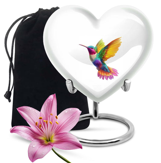 Heart shaped humming bird urn, funeral cremation urn