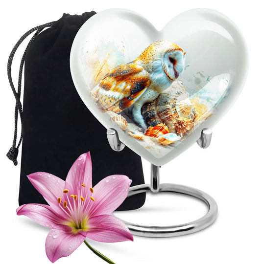 heart-shaped barn owl cremation urn for mom