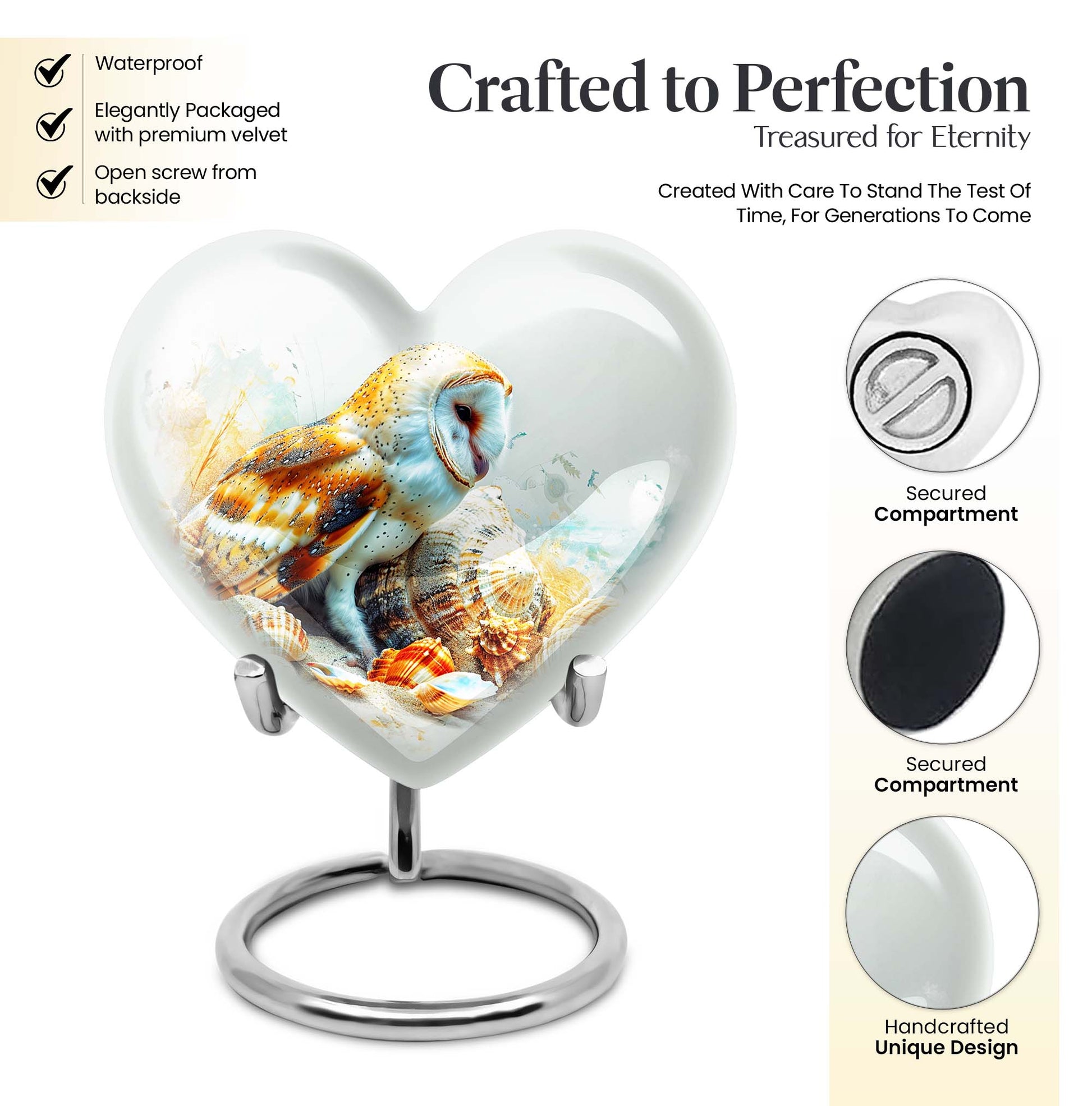 heart-shaped barn owl cremation urn for mom