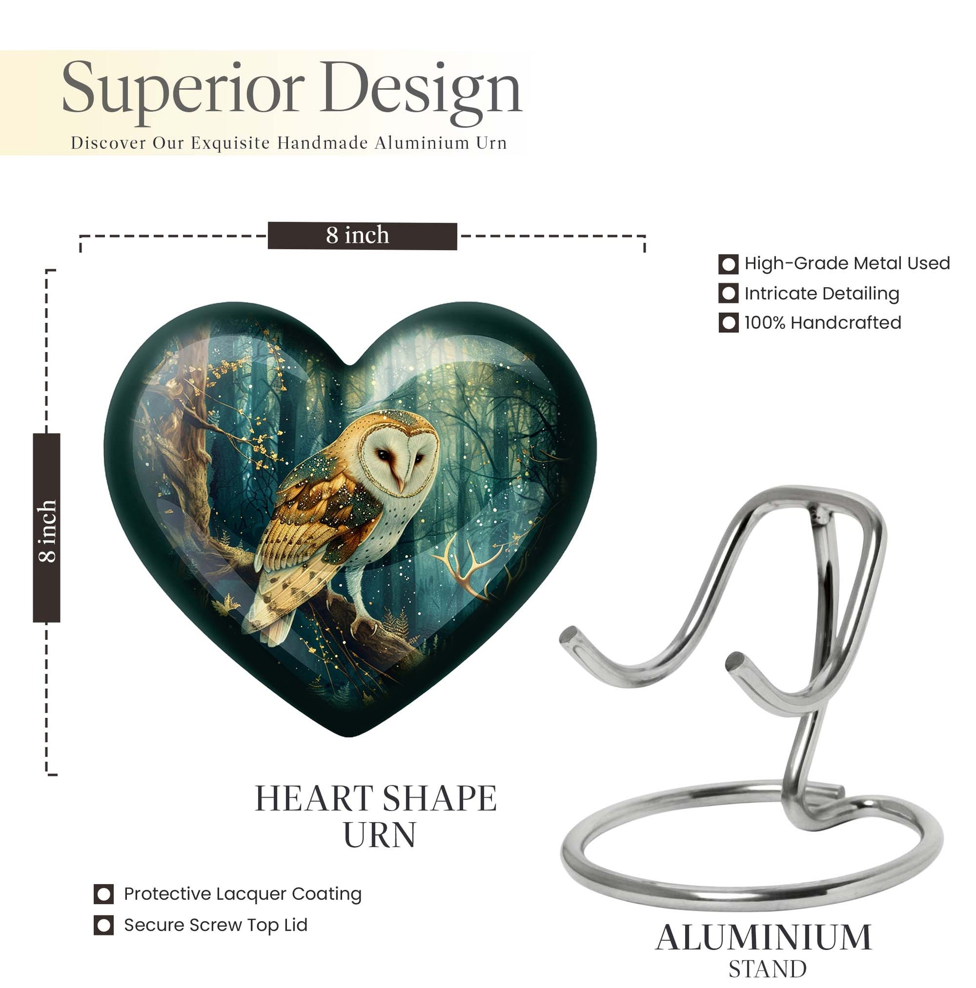 10-inch aluminium barn owl heart urn 