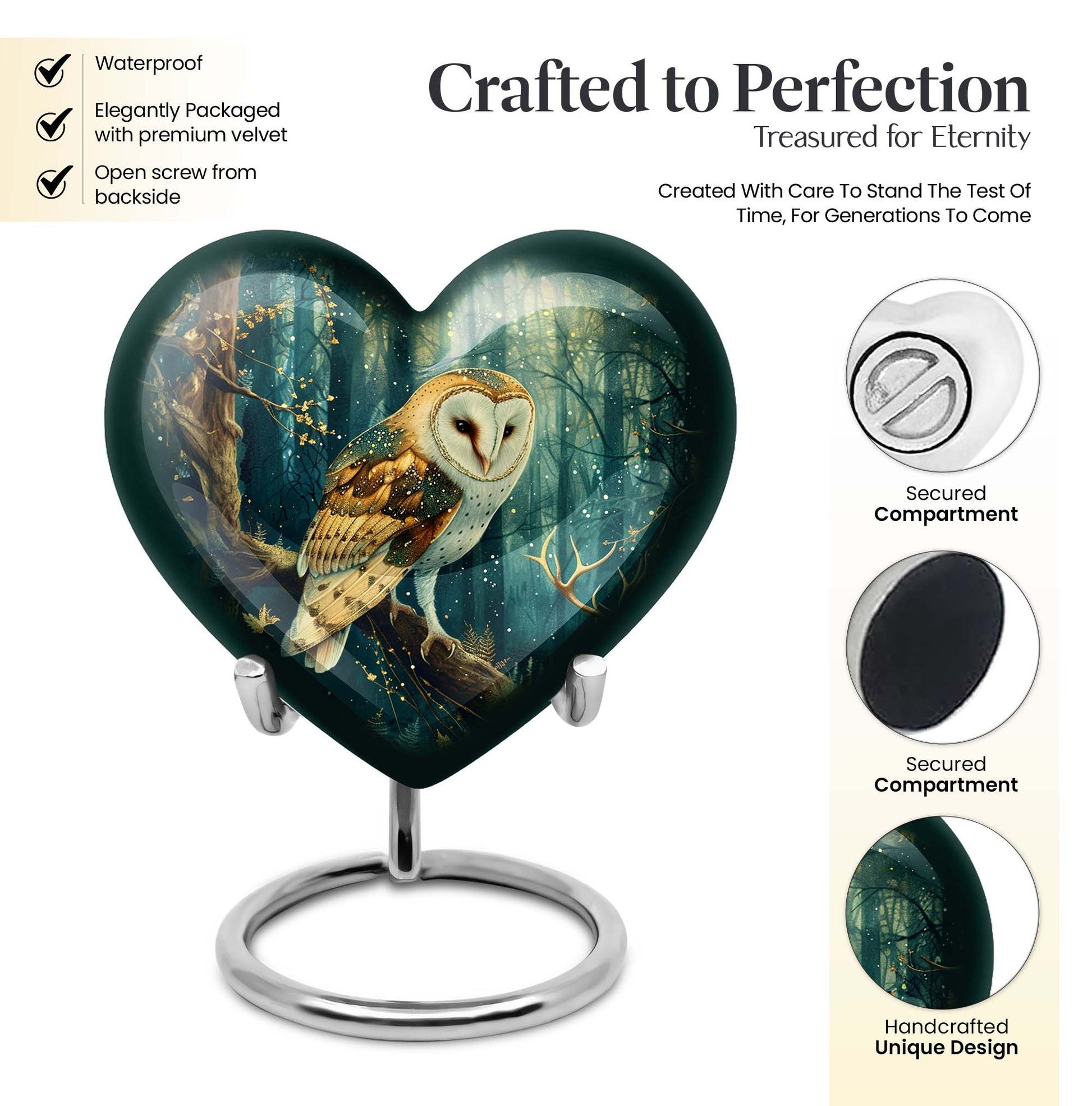 10-inch aluminium barn owl heart urn 