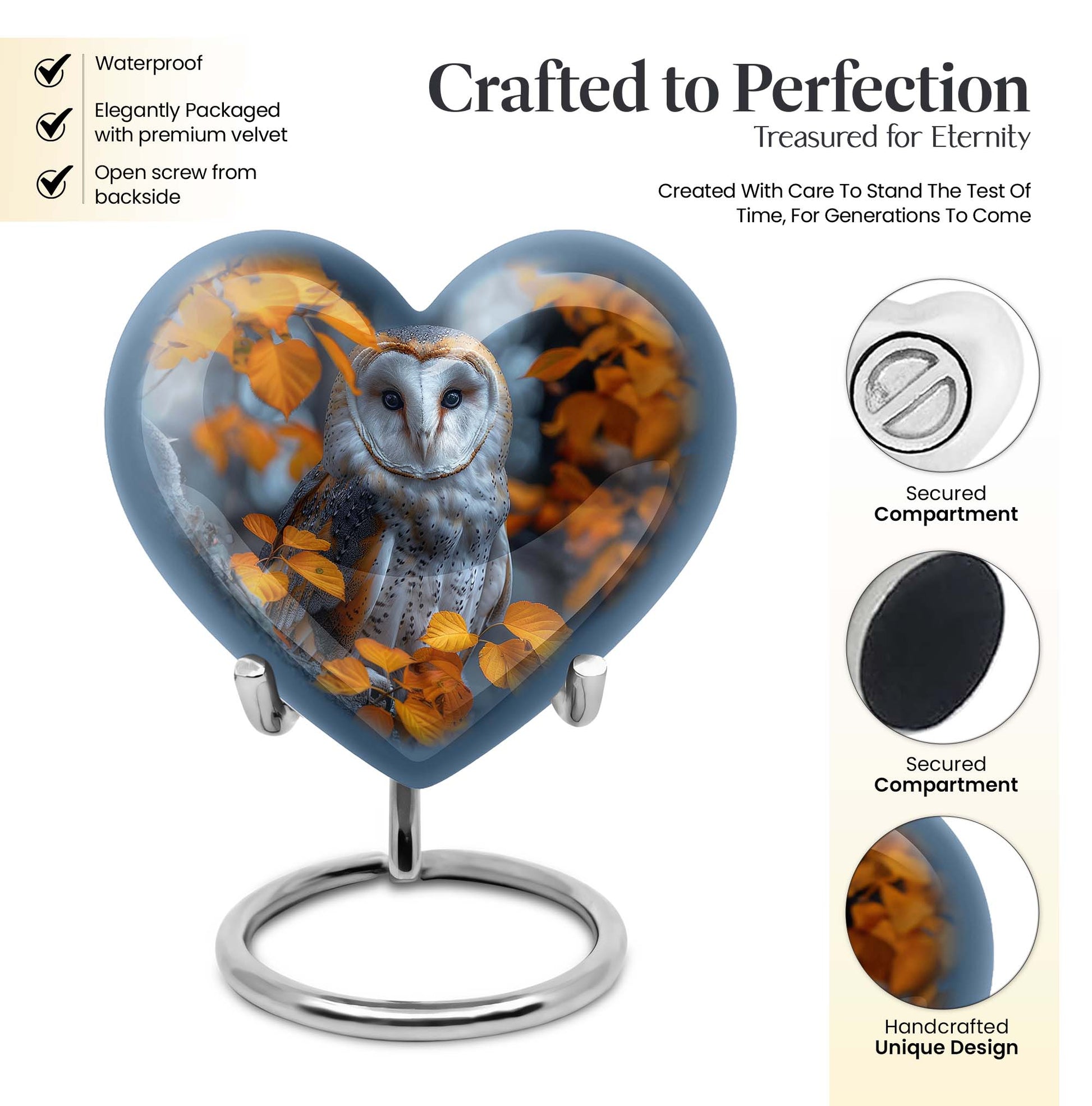 heart-shaped barn owl urn for adult ashes