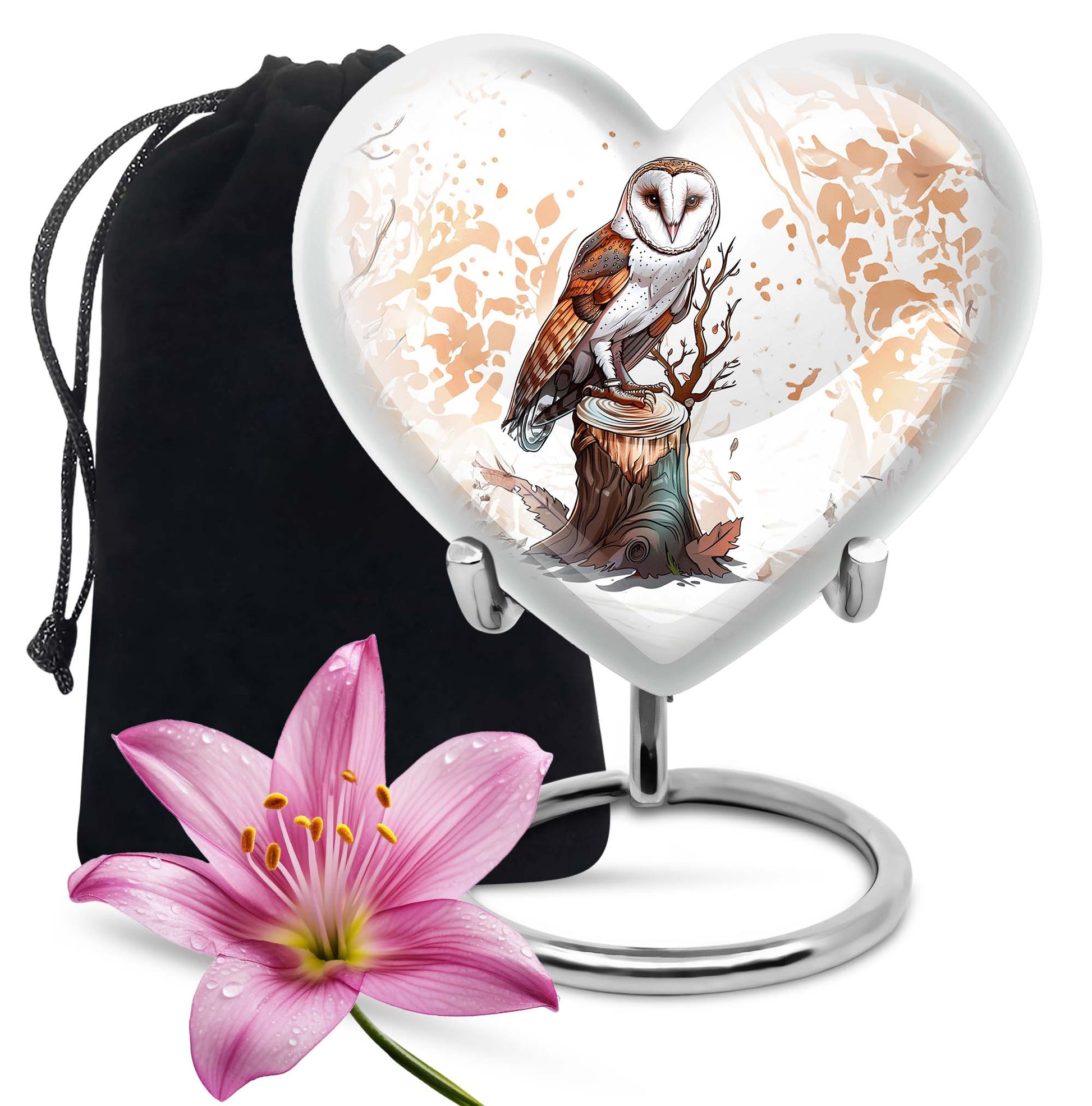 10-inch heart-shaped barn owl urn, 