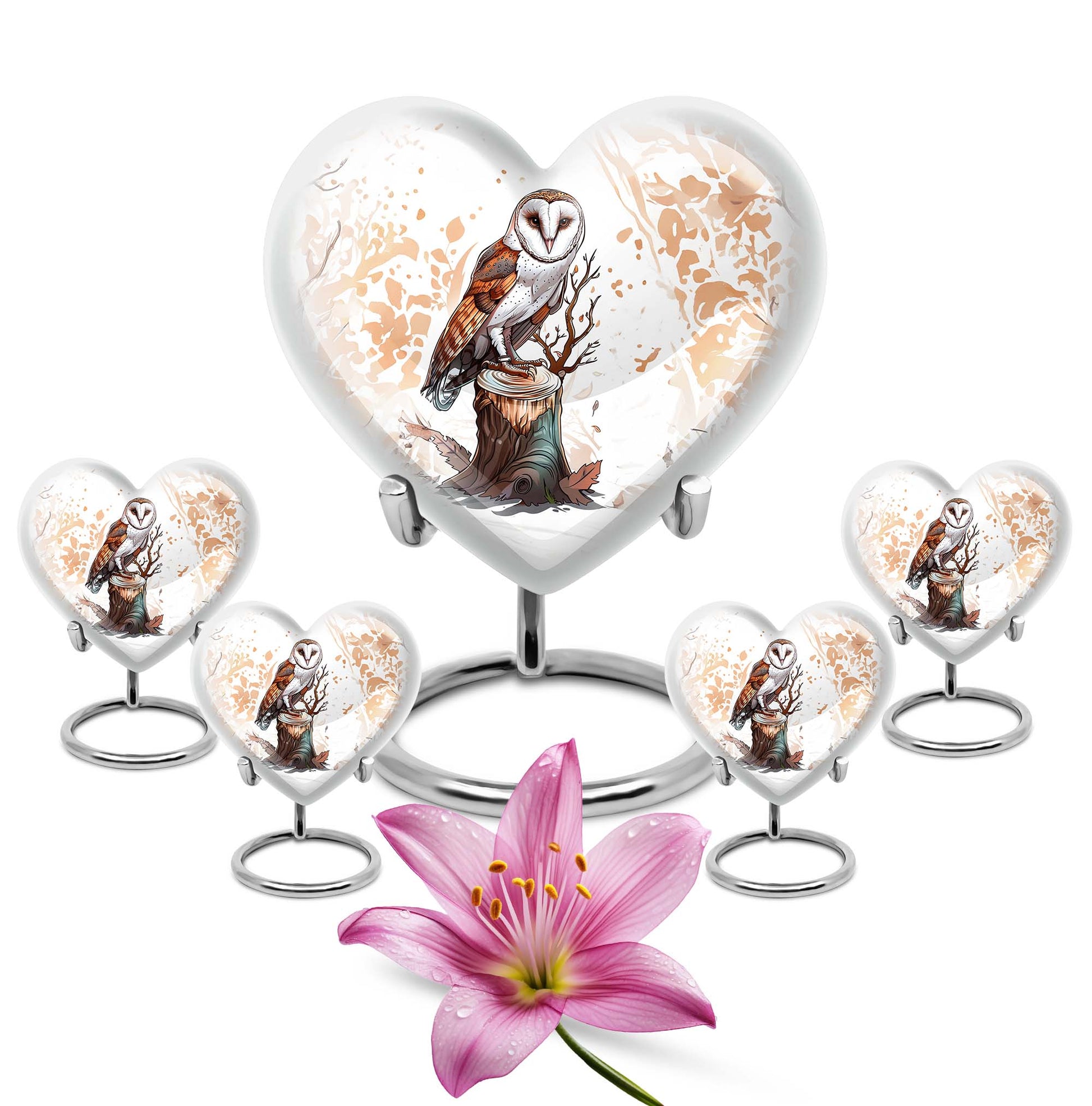 10-inch heart-shaped barn owl urn, 