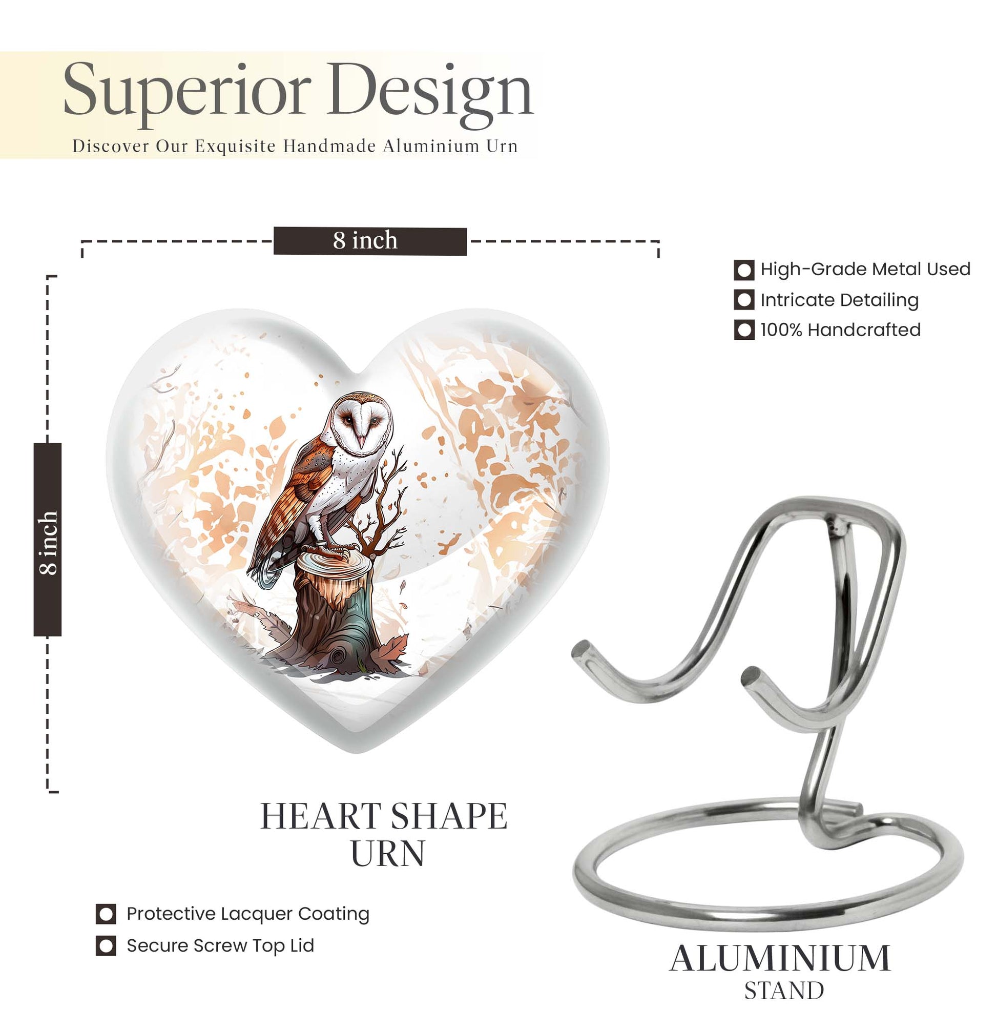 10-inch heart-shaped barn owl urn, 