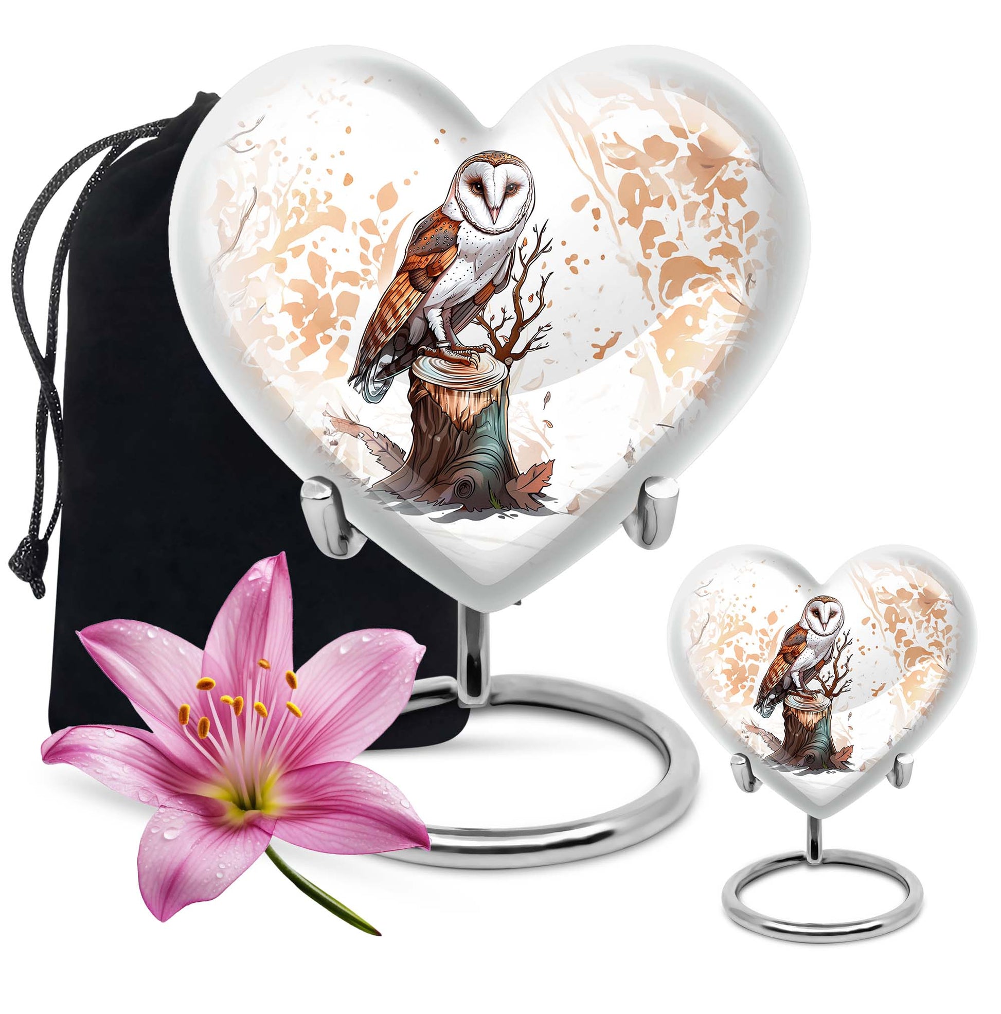 10-inch heart-shaped barn owl urn, 