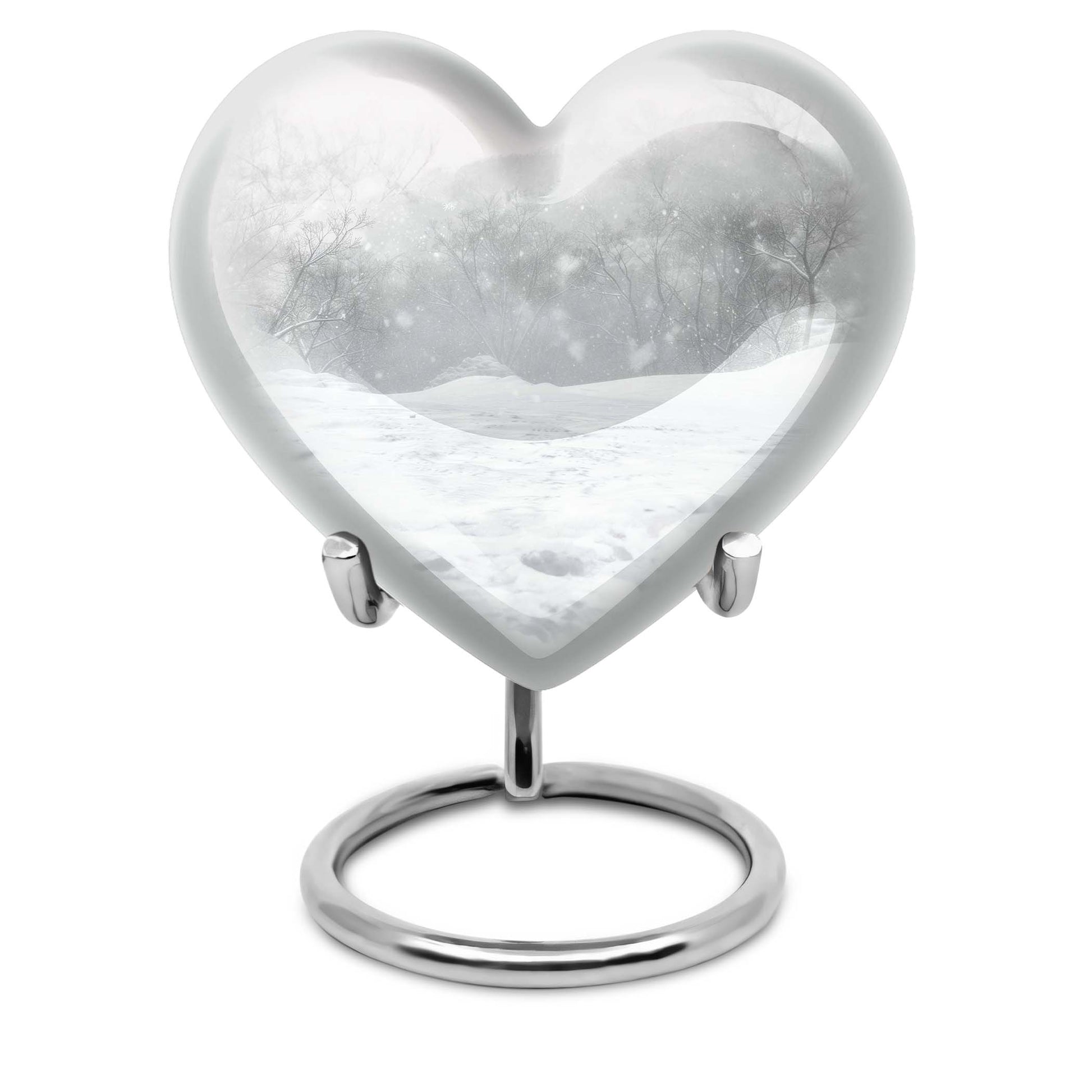 mountain winter-themed memorial heart urn