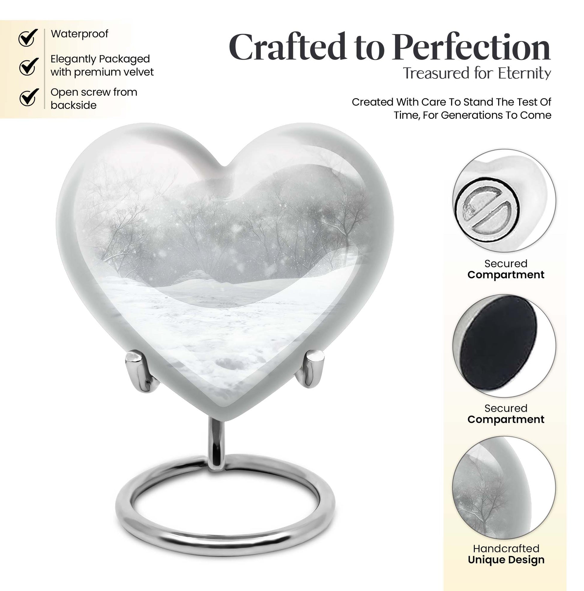 mountain winter-themed memorial heart urn