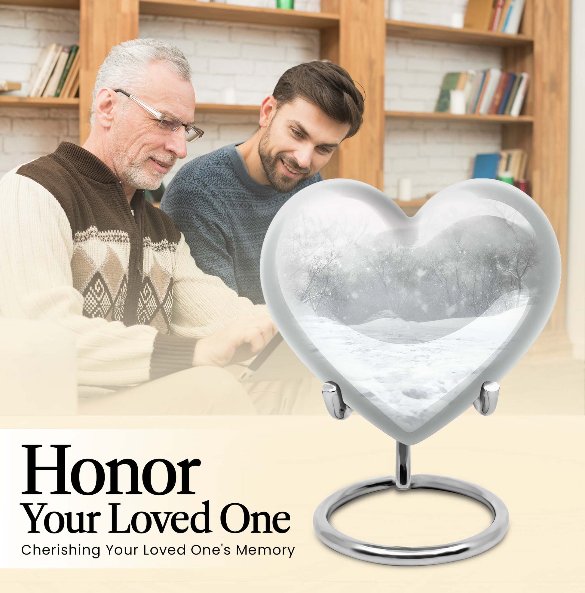 mountain winter-themed memorial heart urn