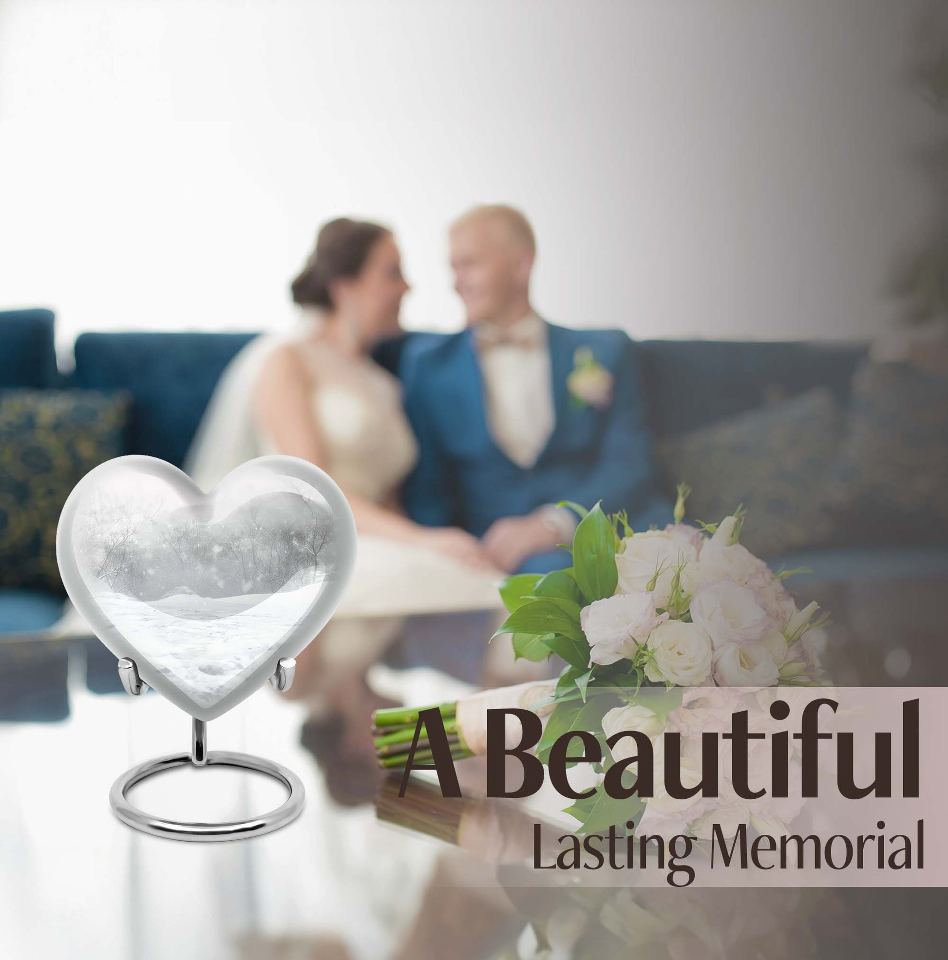 mountain winter-themed memorial heart urn