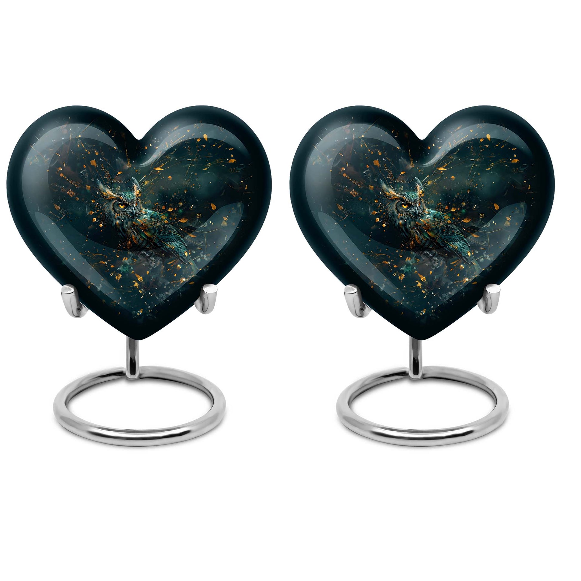 10-inch owl-themed heart shaped aluminium urn 