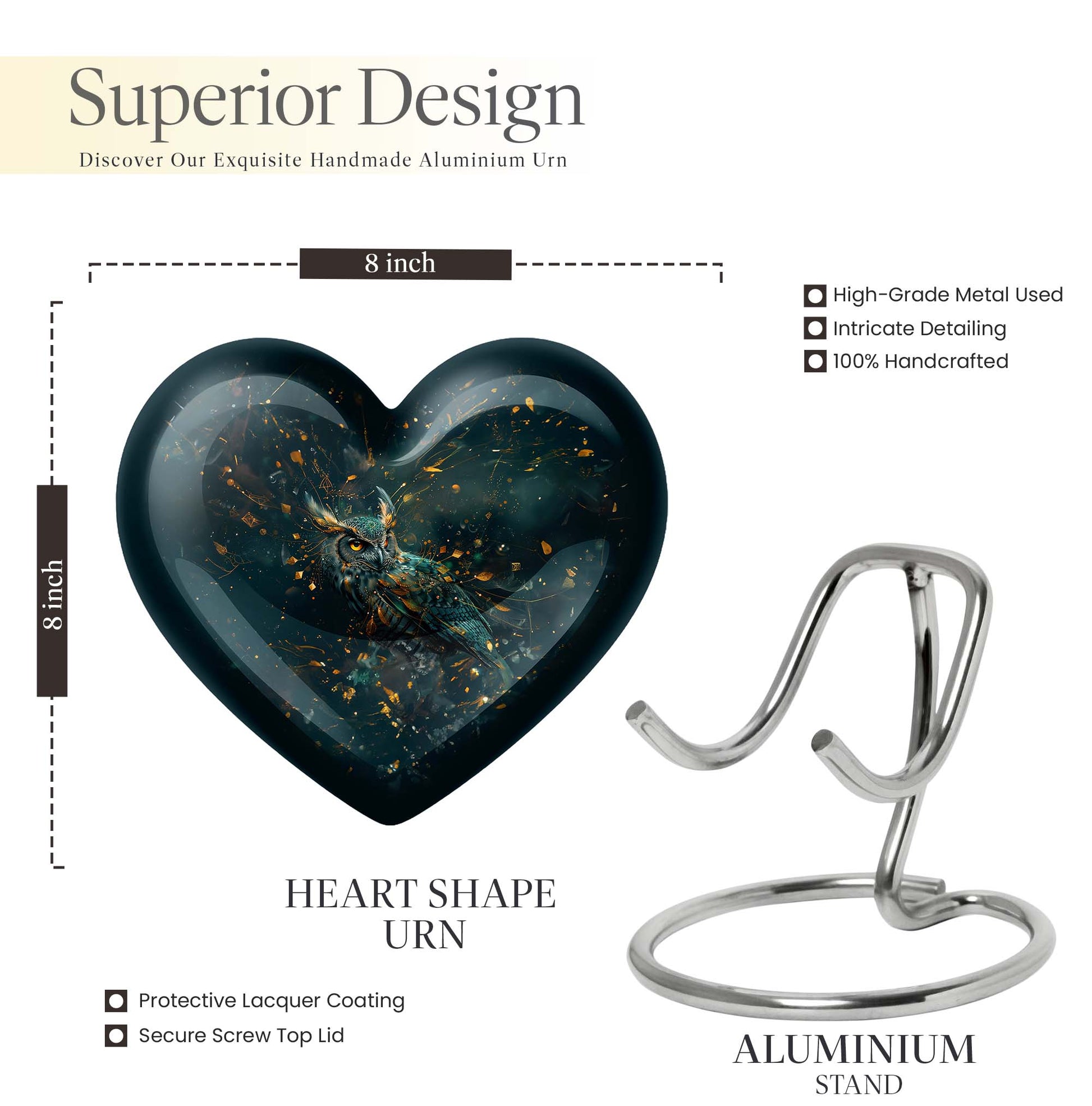 10-inch owl-themed heart shaped aluminium urn 