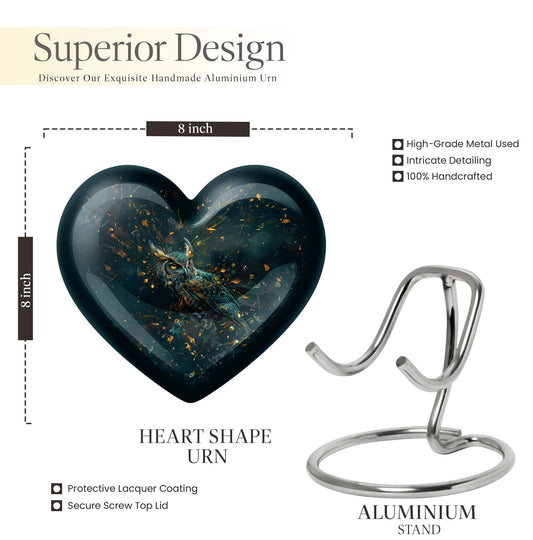 10-inch owl-themed heart shaped aluminium urn 