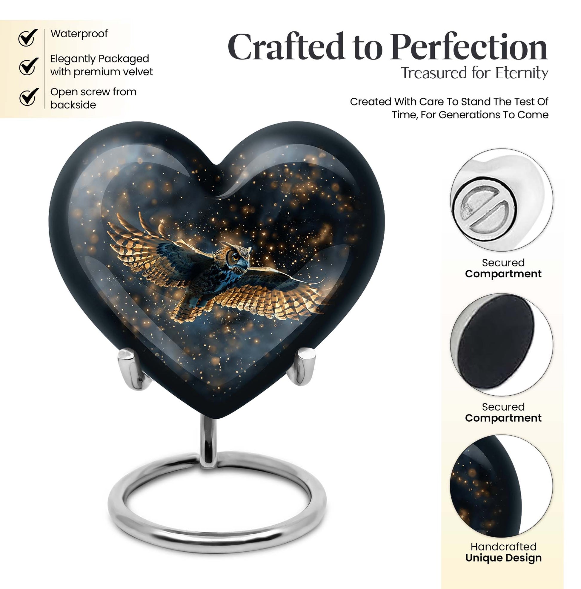 10-inch heart-shaped owl urn made 