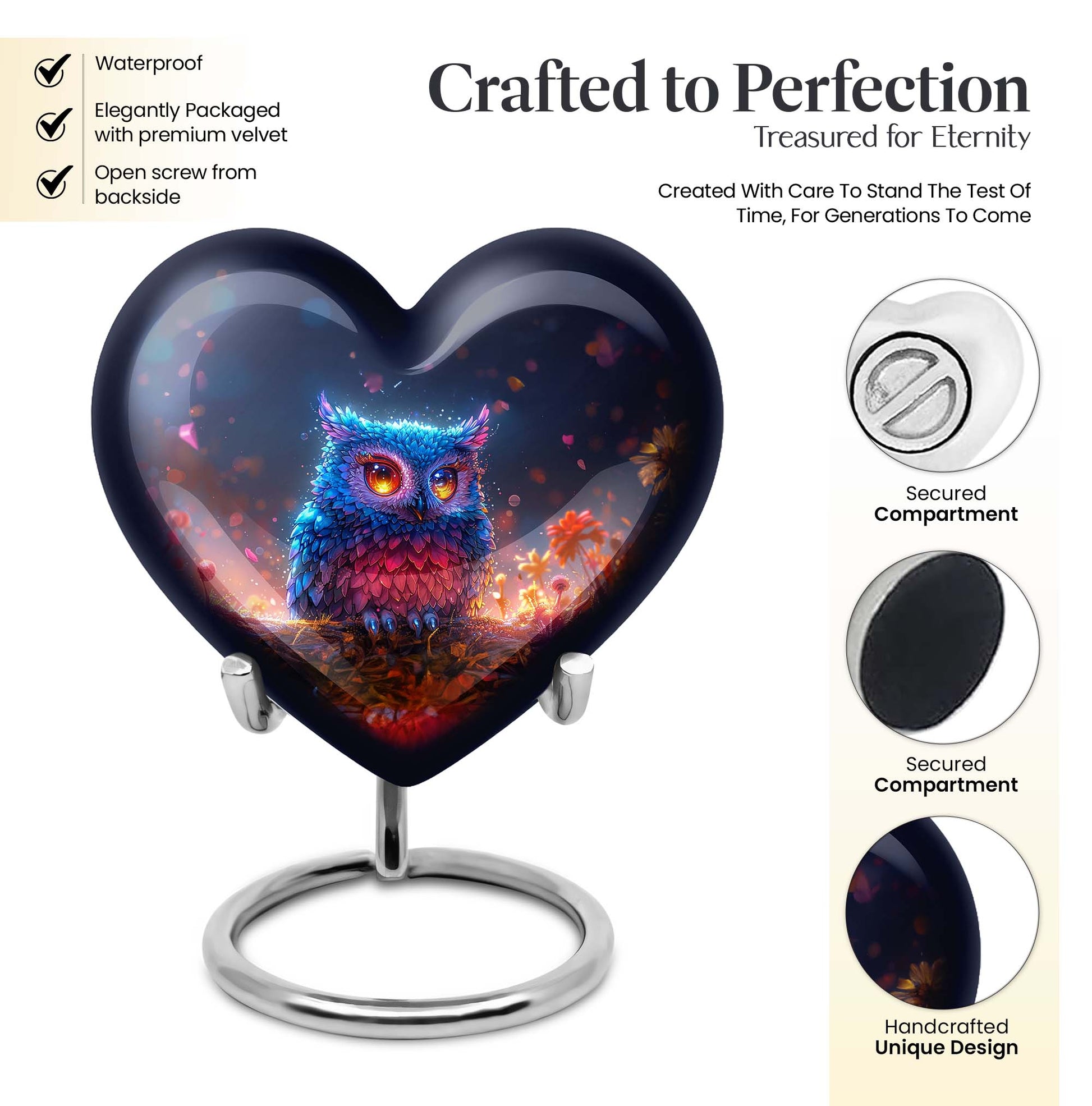 heart-shaped owl urn for adult male's ashes