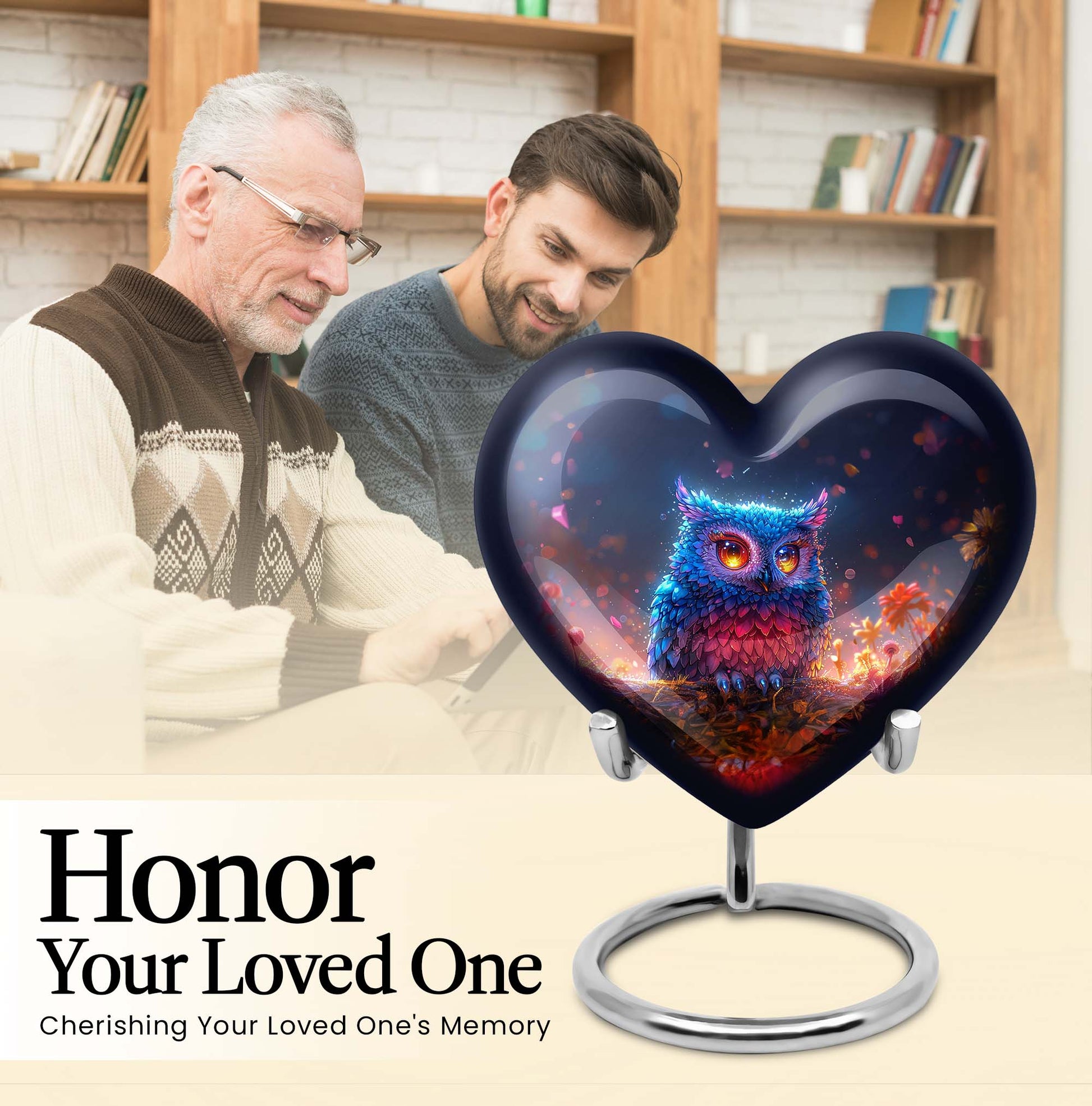 heart-shaped owl urn for adult male's ashes