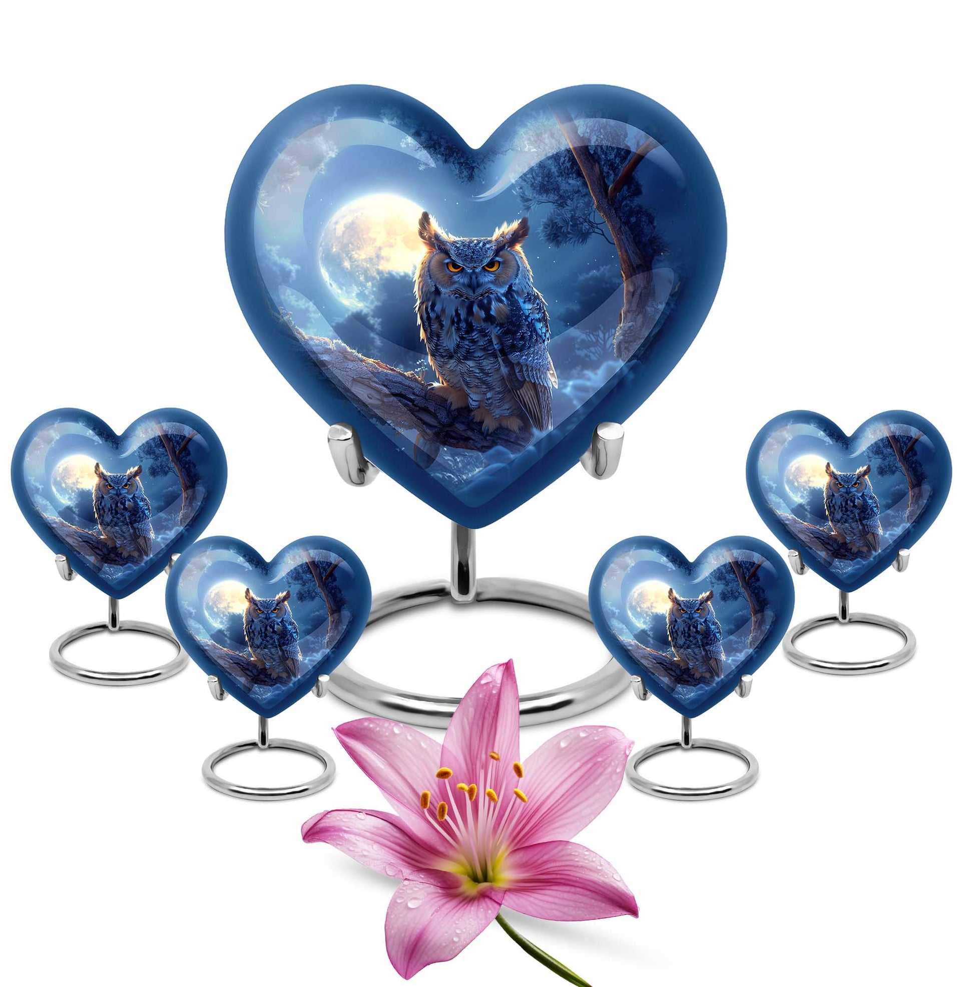 Large 10-inch aluminum Owl urn featuring heart design, 