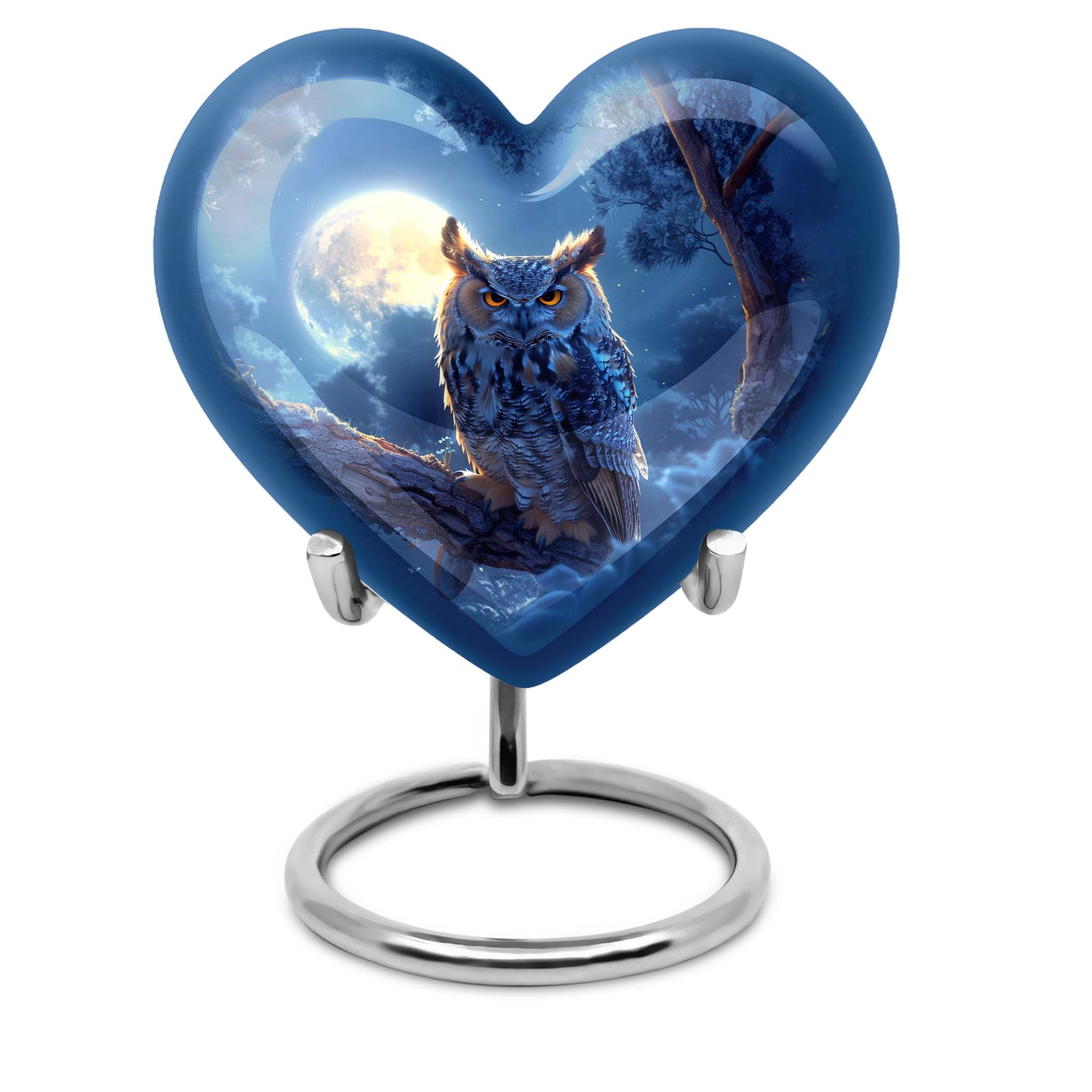 Large 10-inch aluminum Owl urn featuring heart design, 