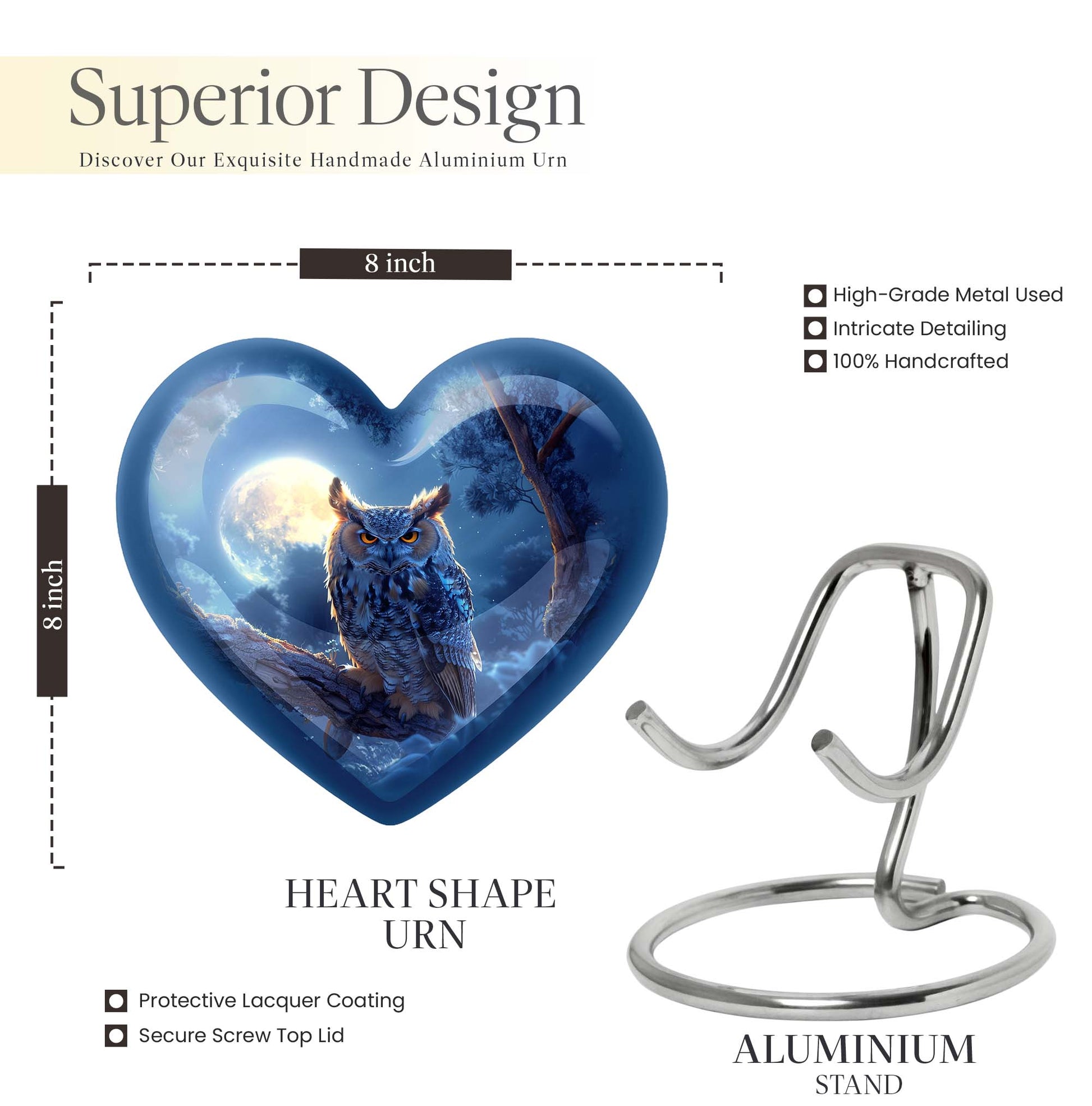 Large 10-inch aluminum Owl urn featuring heart design, 