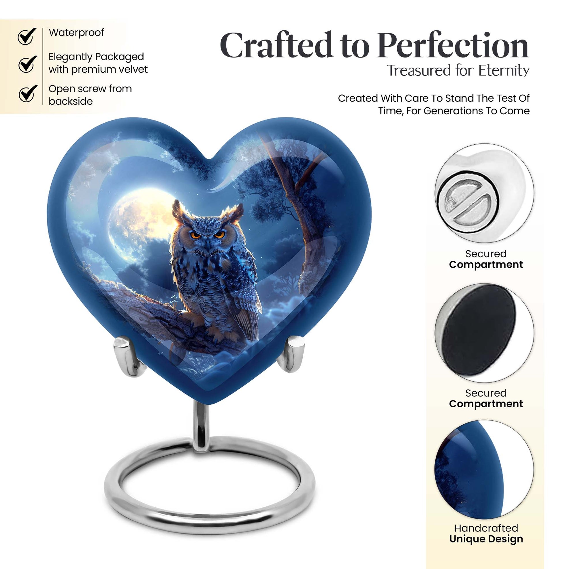 Large 10-inch aluminum Owl urn featuring heart design, 