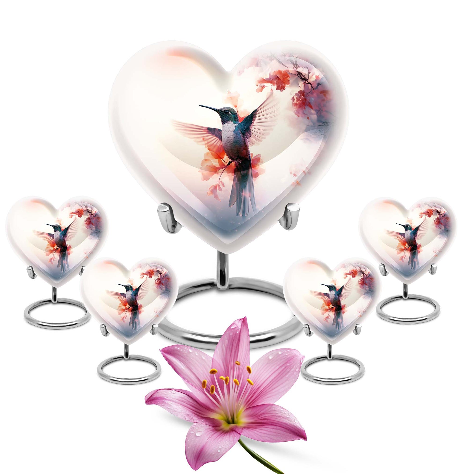 Abstract design 10-inch heart-shaped humming bird urn