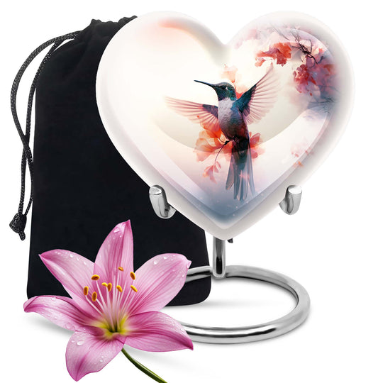 Abstract design 10-inch heart-shaped humming bird urn