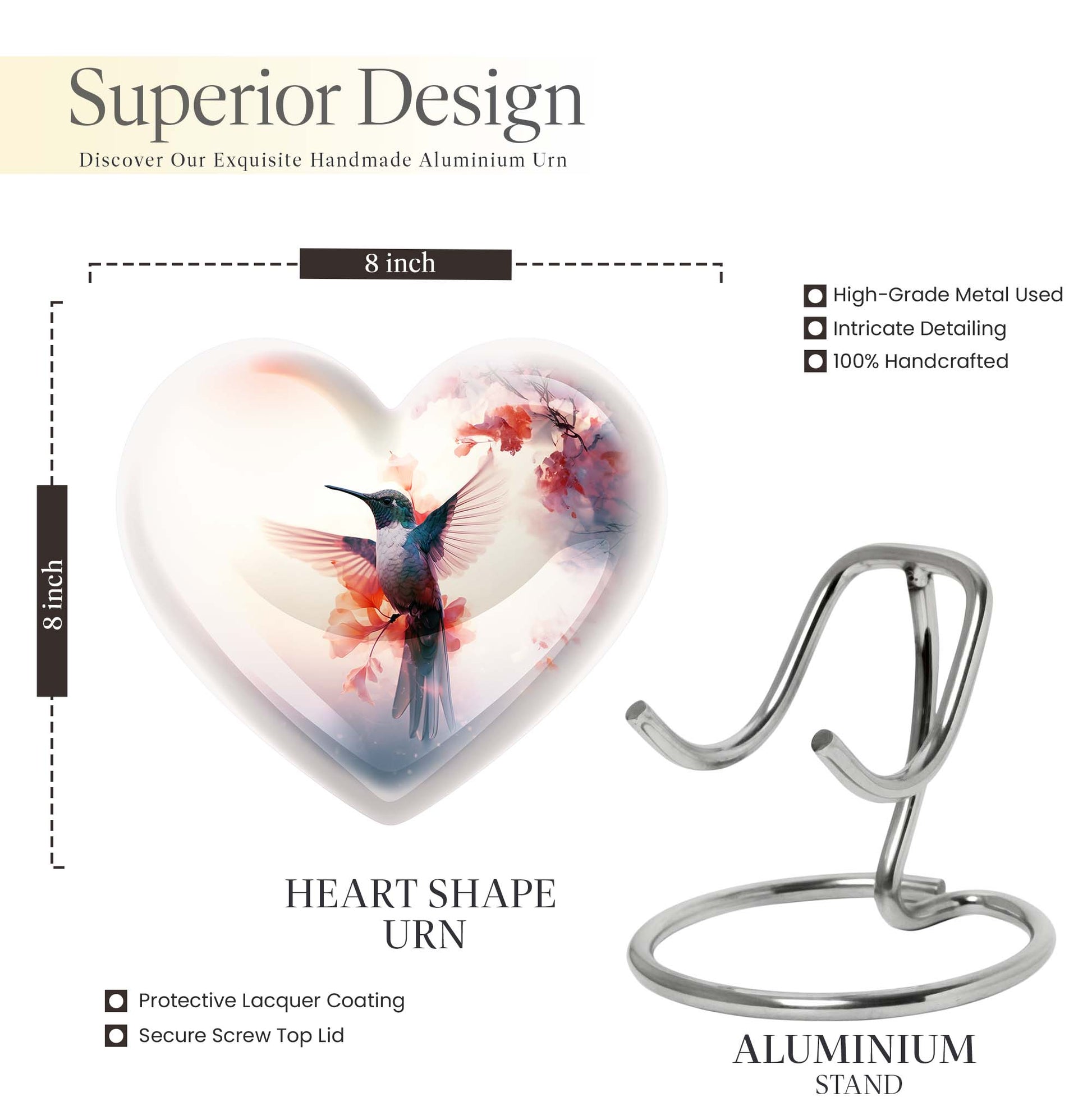 Abstract design 10-inch heart-shaped humming bird urn