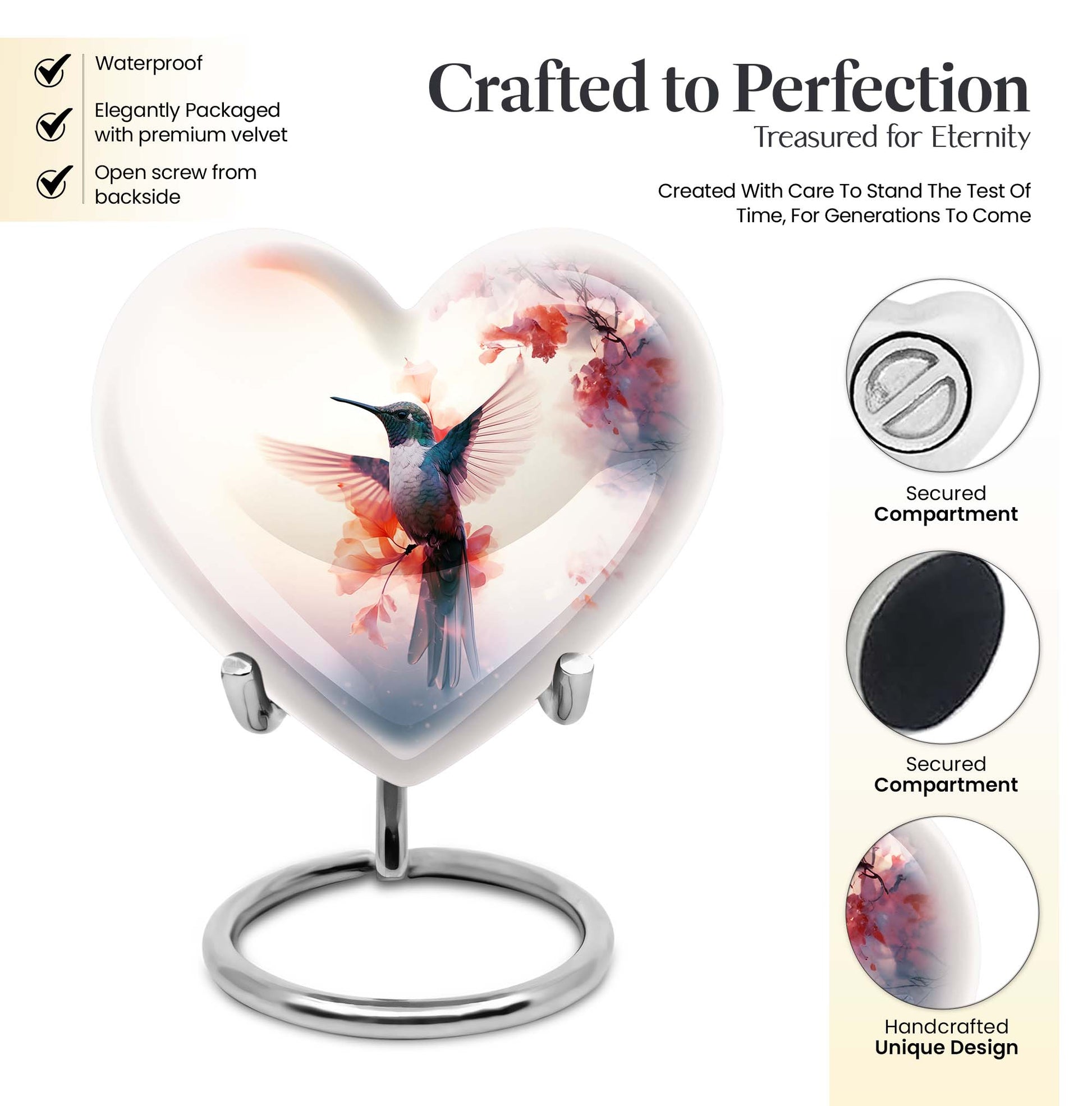 Abstract design 10-inch heart-shaped humming bird urn