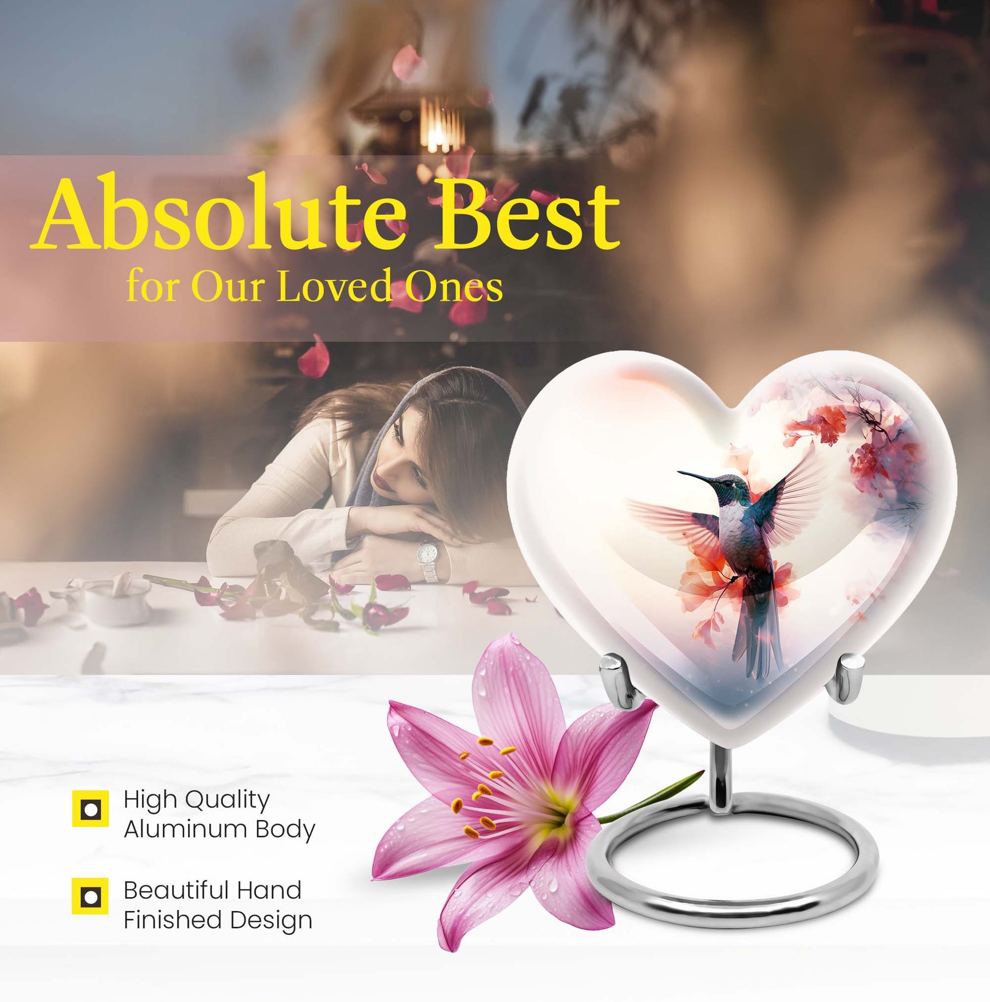 Abstract design 10-inch heart-shaped humming bird urn