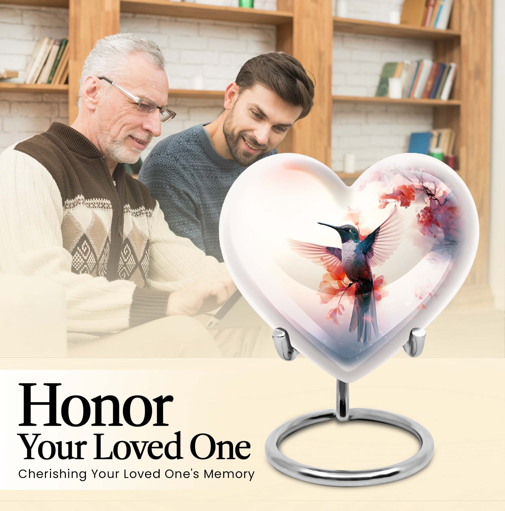 Abstract design 10-inch heart-shaped humming bird urn