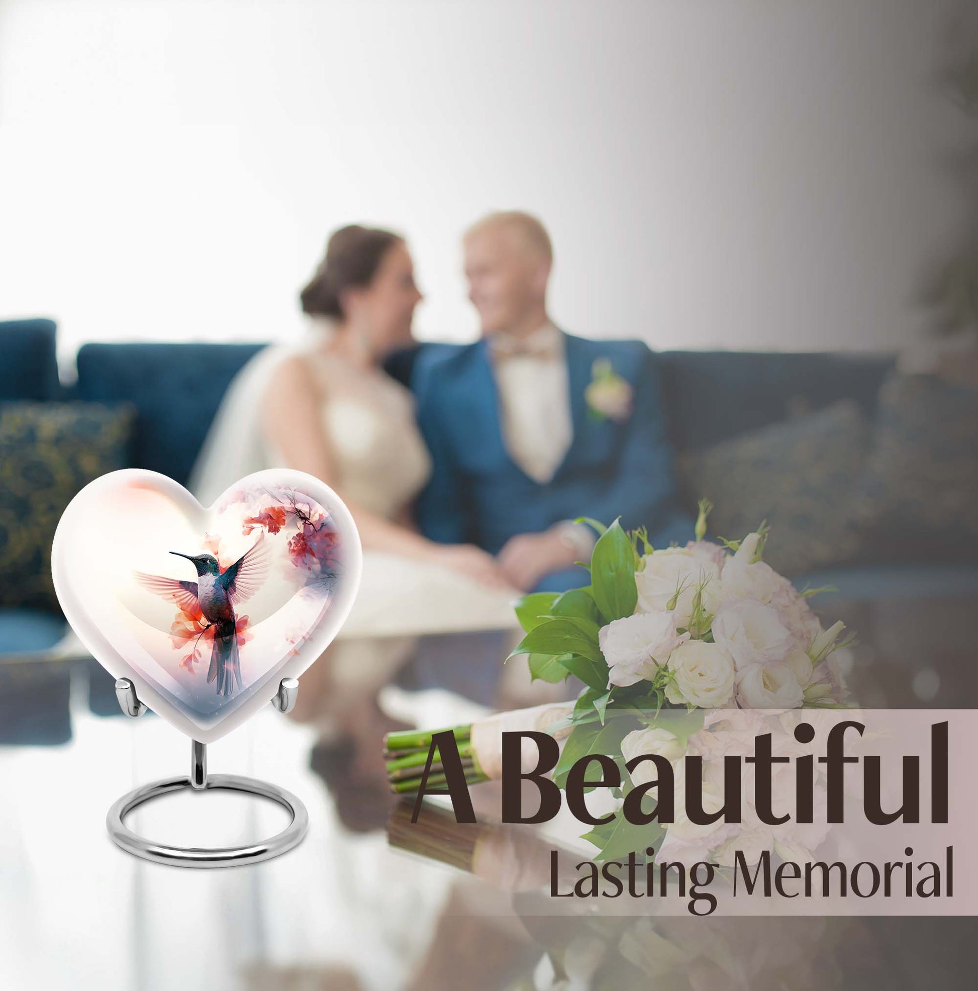 Abstract design 10-inch heart-shaped humming bird urn