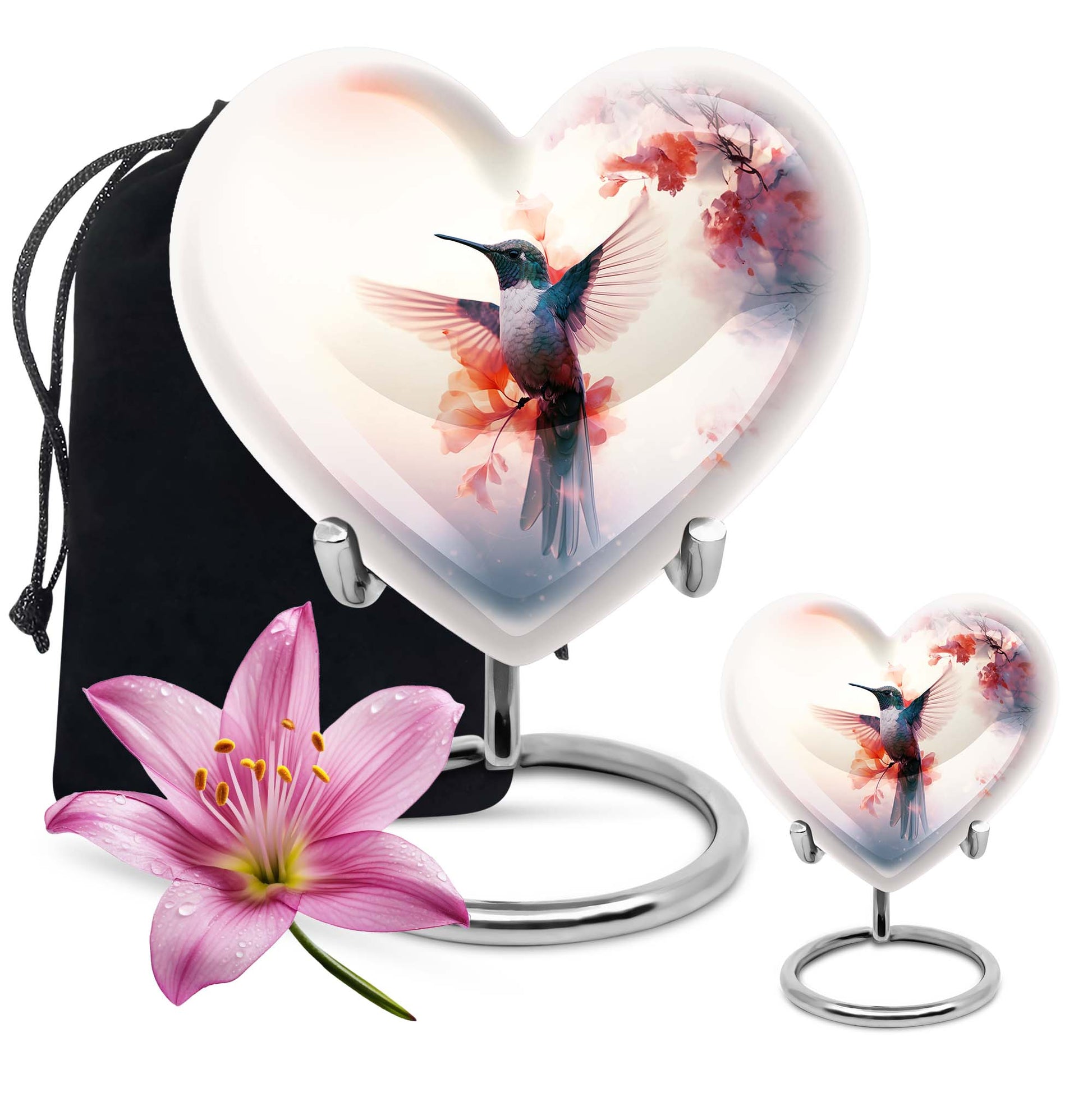 Abstract design 10-inch heart-shaped humming bird urn