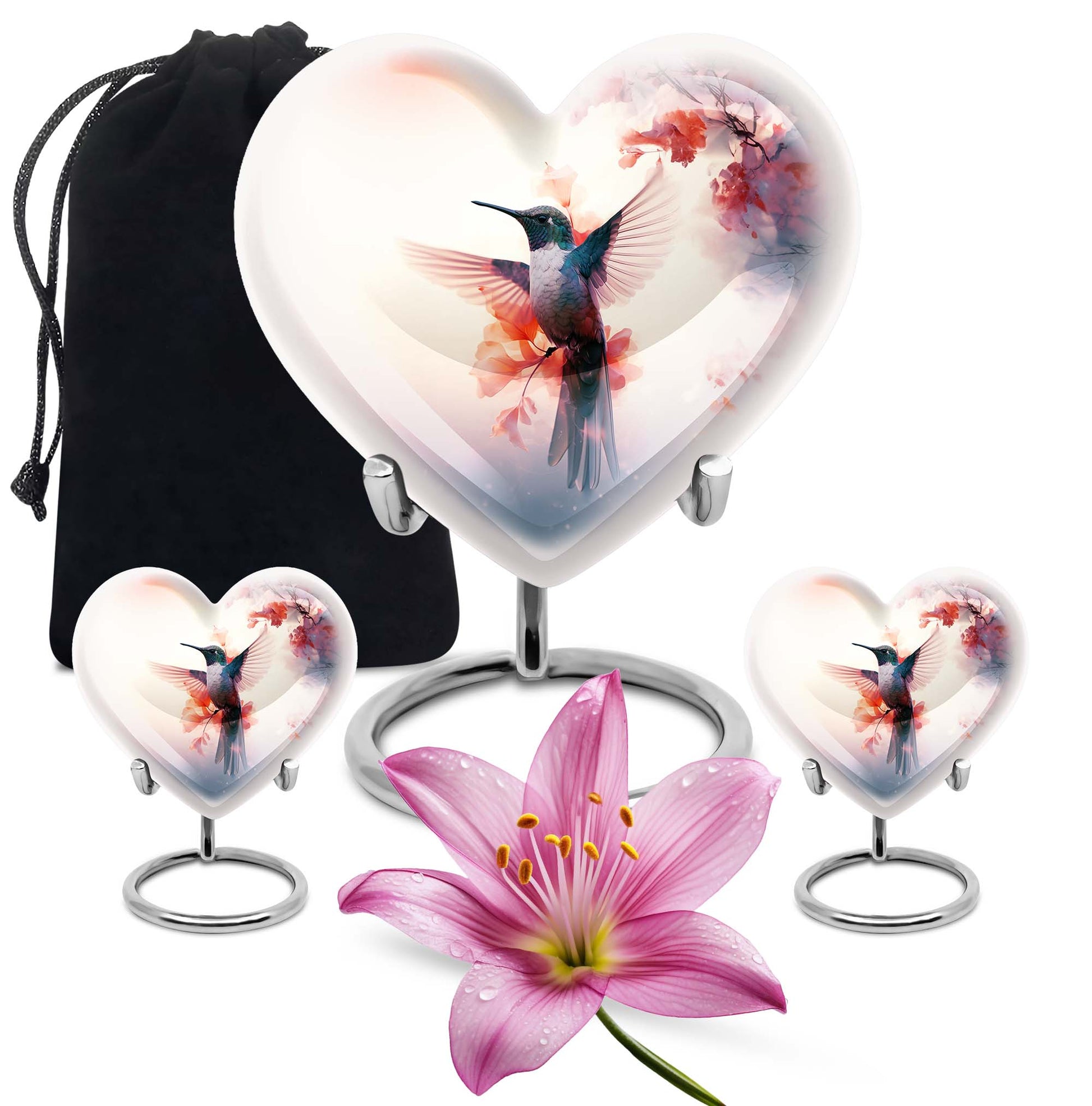 Abstract design 10-inch heart-shaped humming bird urn