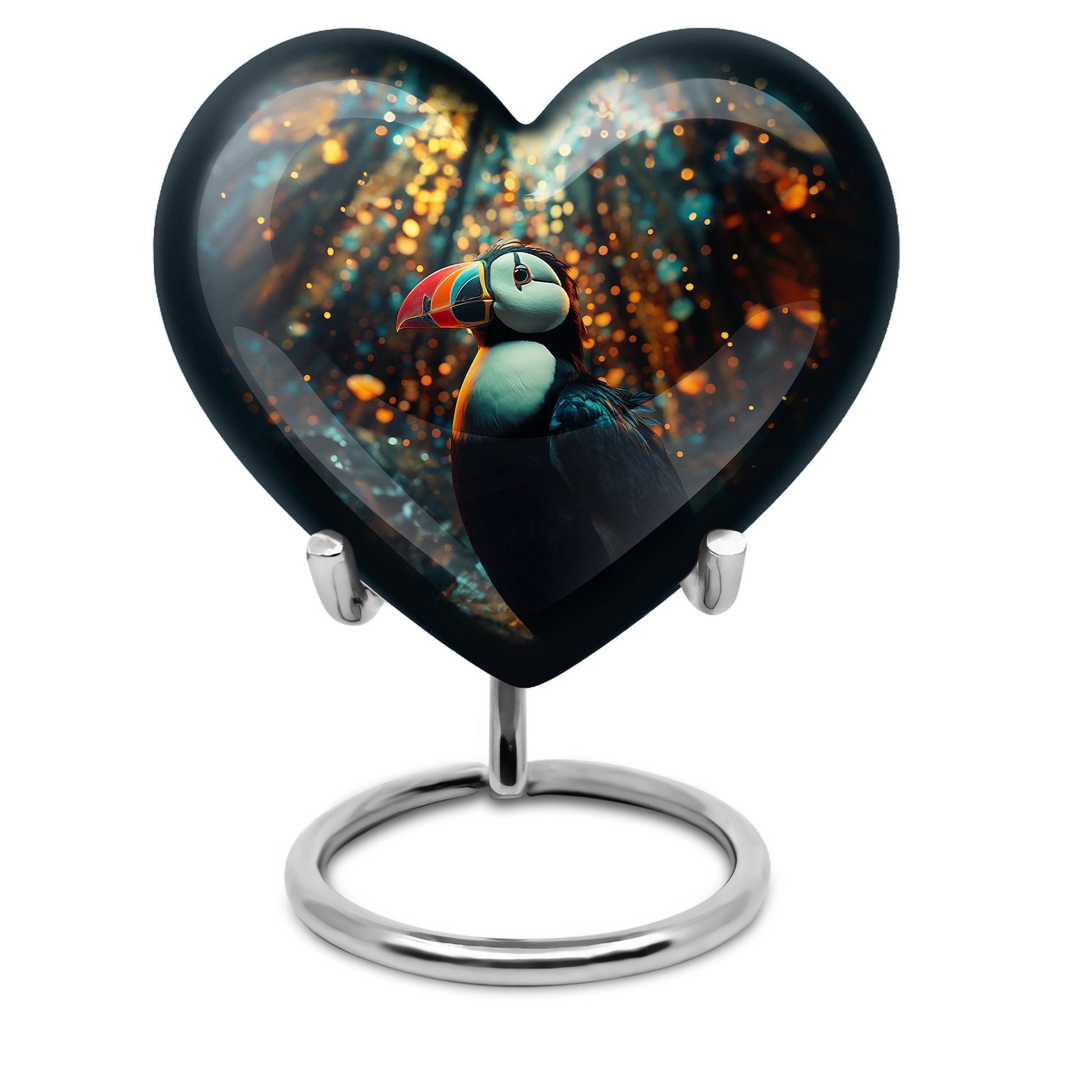 Puffin Bird heart-shaped memorial urn for human ashes