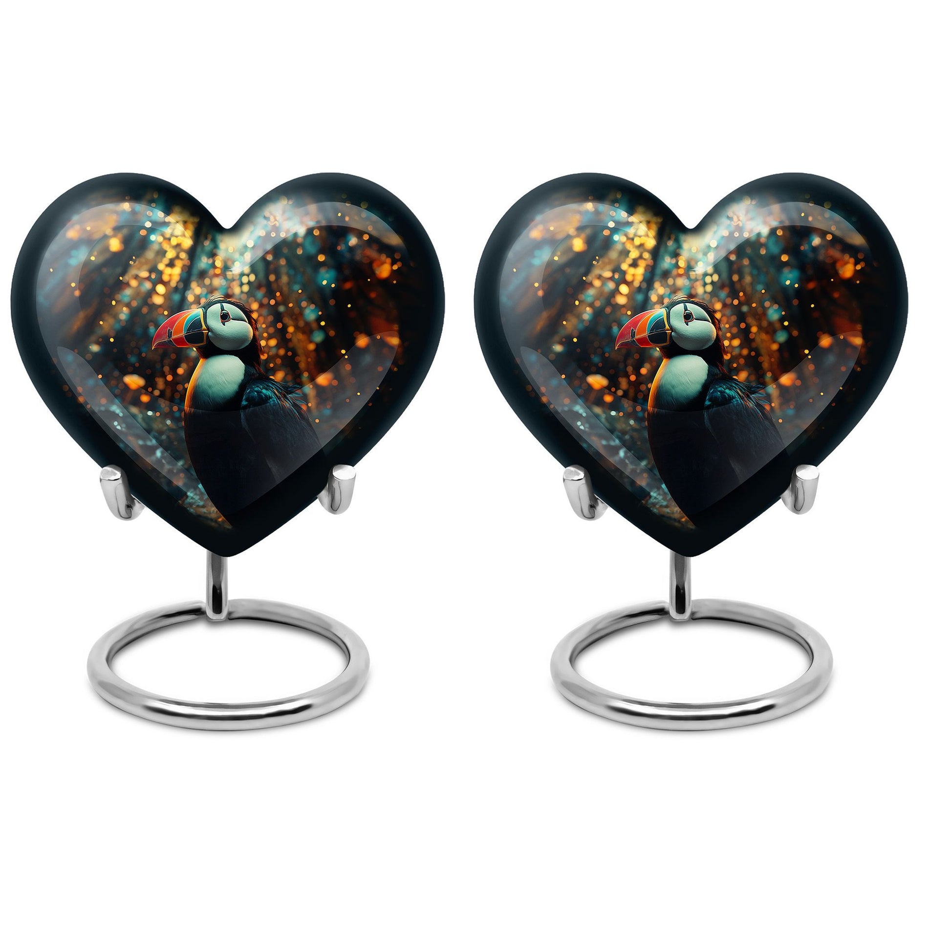 Puffin Bird heart-shaped memorial urn for human ashes